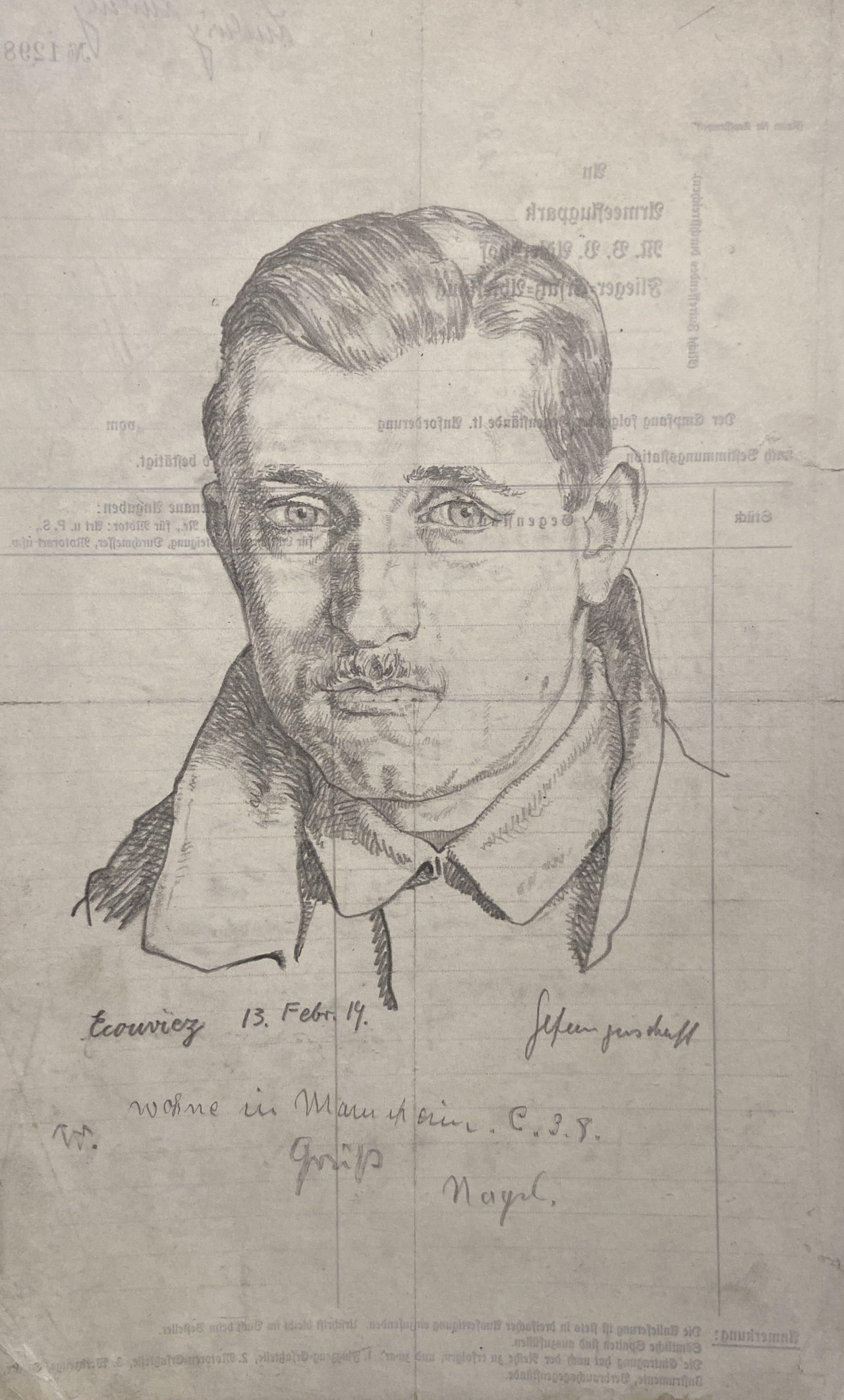 Portrait of a German Airman, Graphite on paper, 1919, Air Park Document Verso - Art by Karl Ludwig Nagel