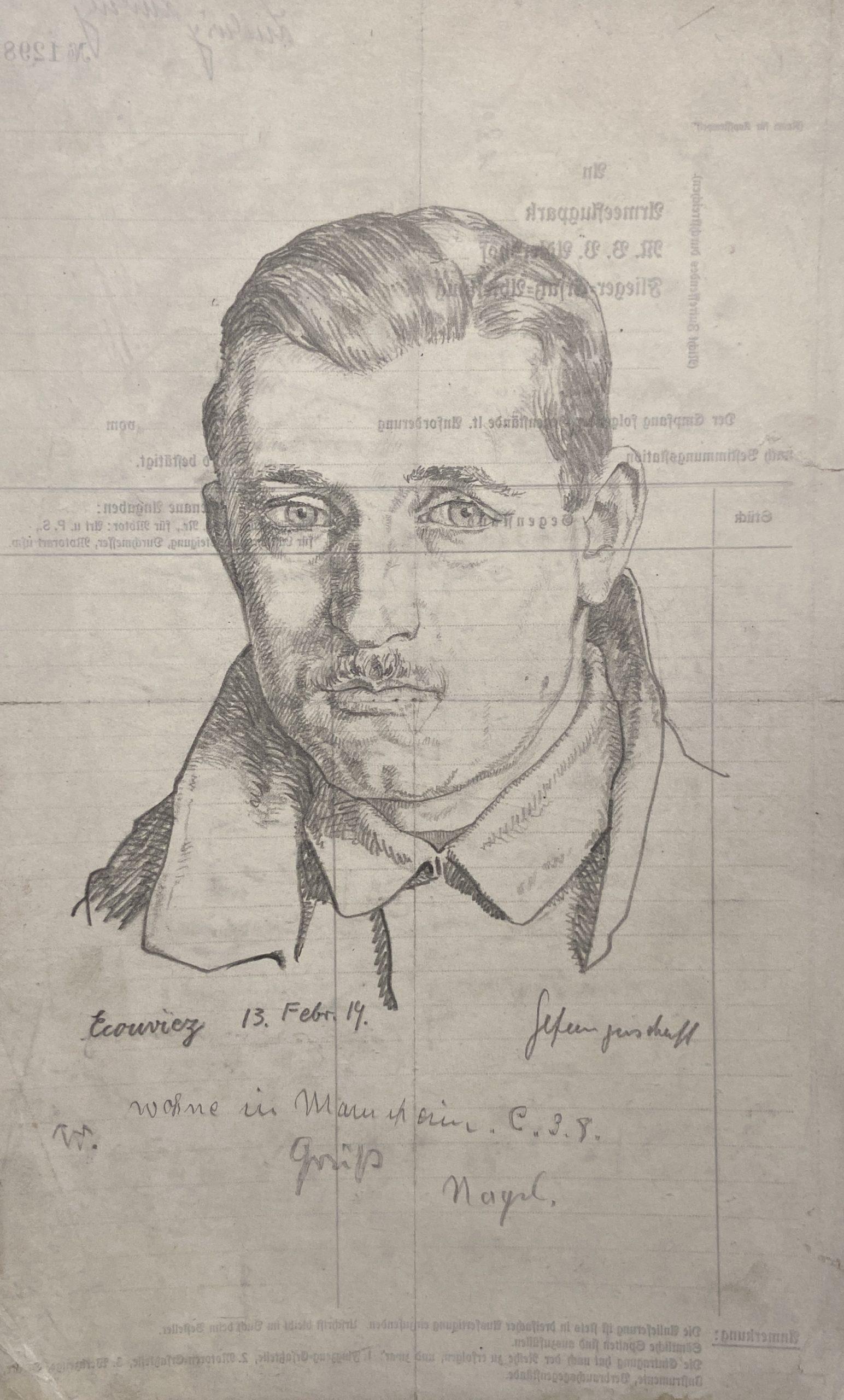 Portrait di Karl Ludwig Nagel - Ritratto di un aviatore tedesco, grafite su carta, 1919, Documento dell'Air Park Verso