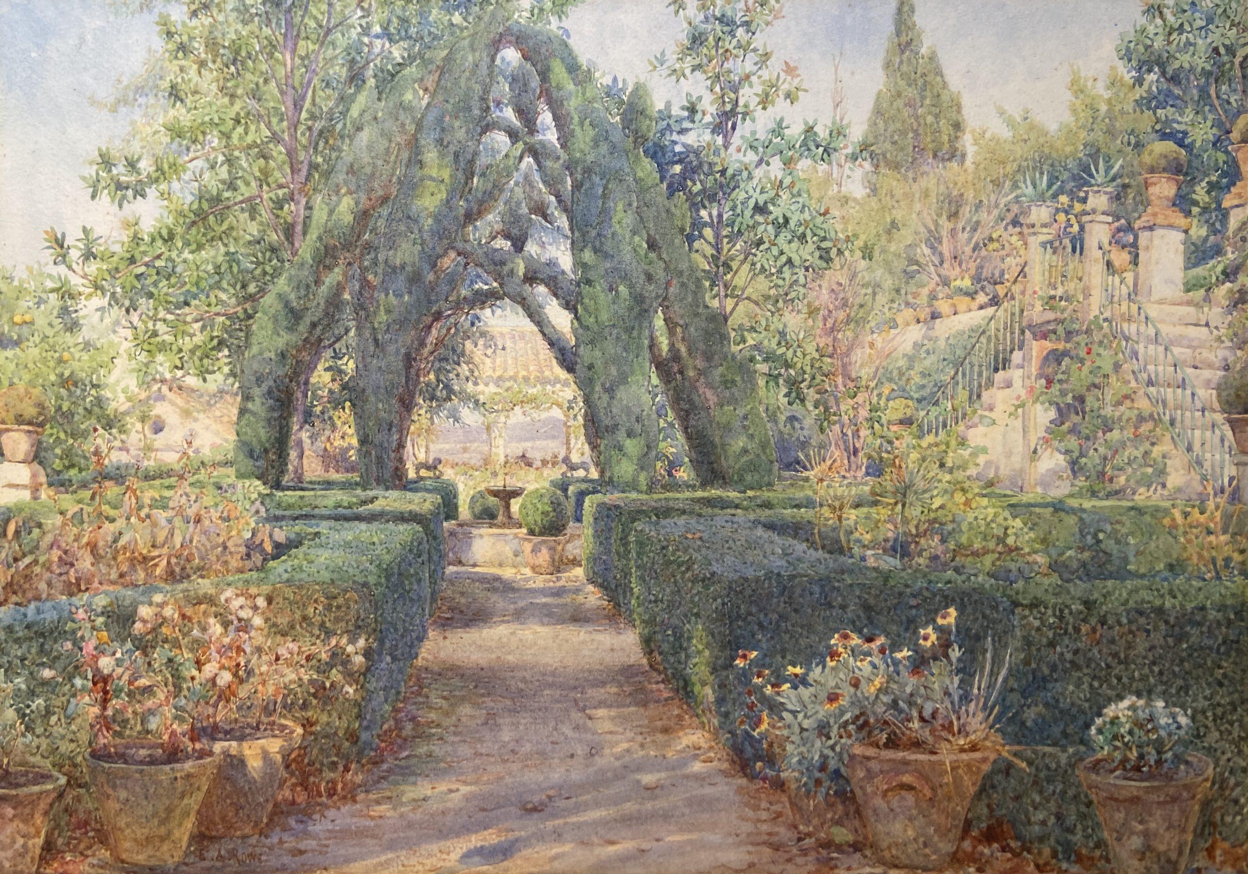 Ernest Arthur Rowe Landscape Art – Blumengärten von Generalife, Granada