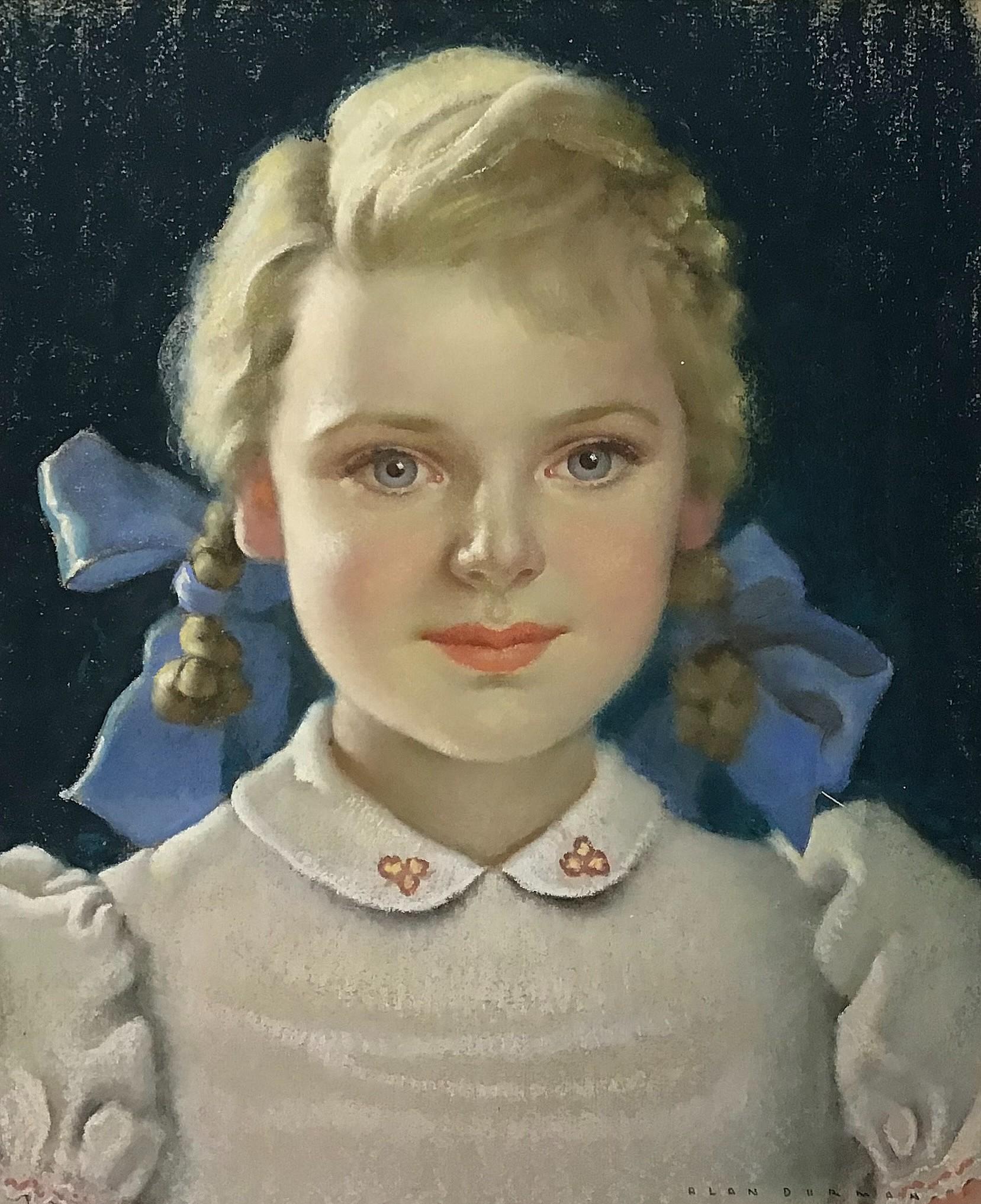 Portrait d'une jeune fille, dessin au pastel du milieu du 20e siècle, signé - Art de Alan Durman