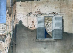 Contraventanas abiertas, paisaje en acuarela, firmado y fechado en 1960, artista británico