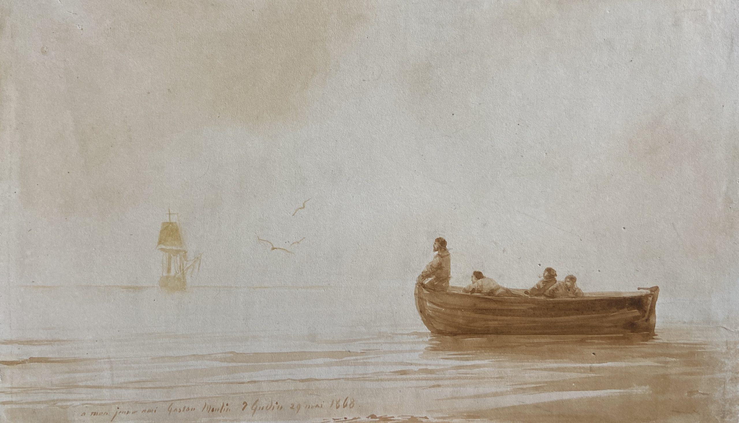 Jean Antoine Théodore Gudin Figurative Art - At Sea Ink and Wash Marine Artwork 19th Century French