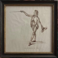 Two framed drawings - The School of Arms, Pen and Ink Fencing Drawing