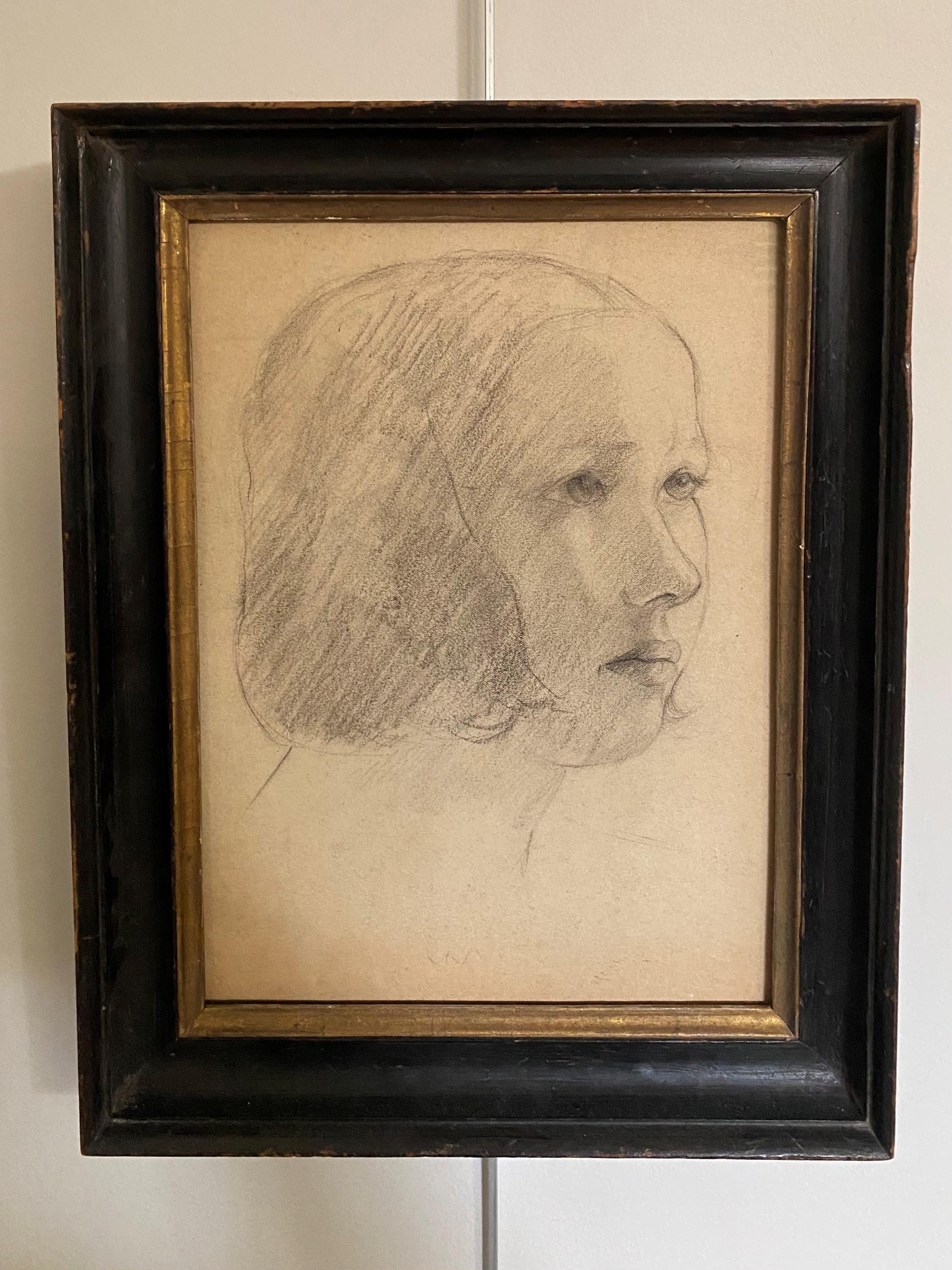 The New Haircut, 20th Century portrait of a Young Girl, drawing - Art by British School