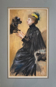 Portrait d'une femme et de son chien, Pastel français du XIXe siècle