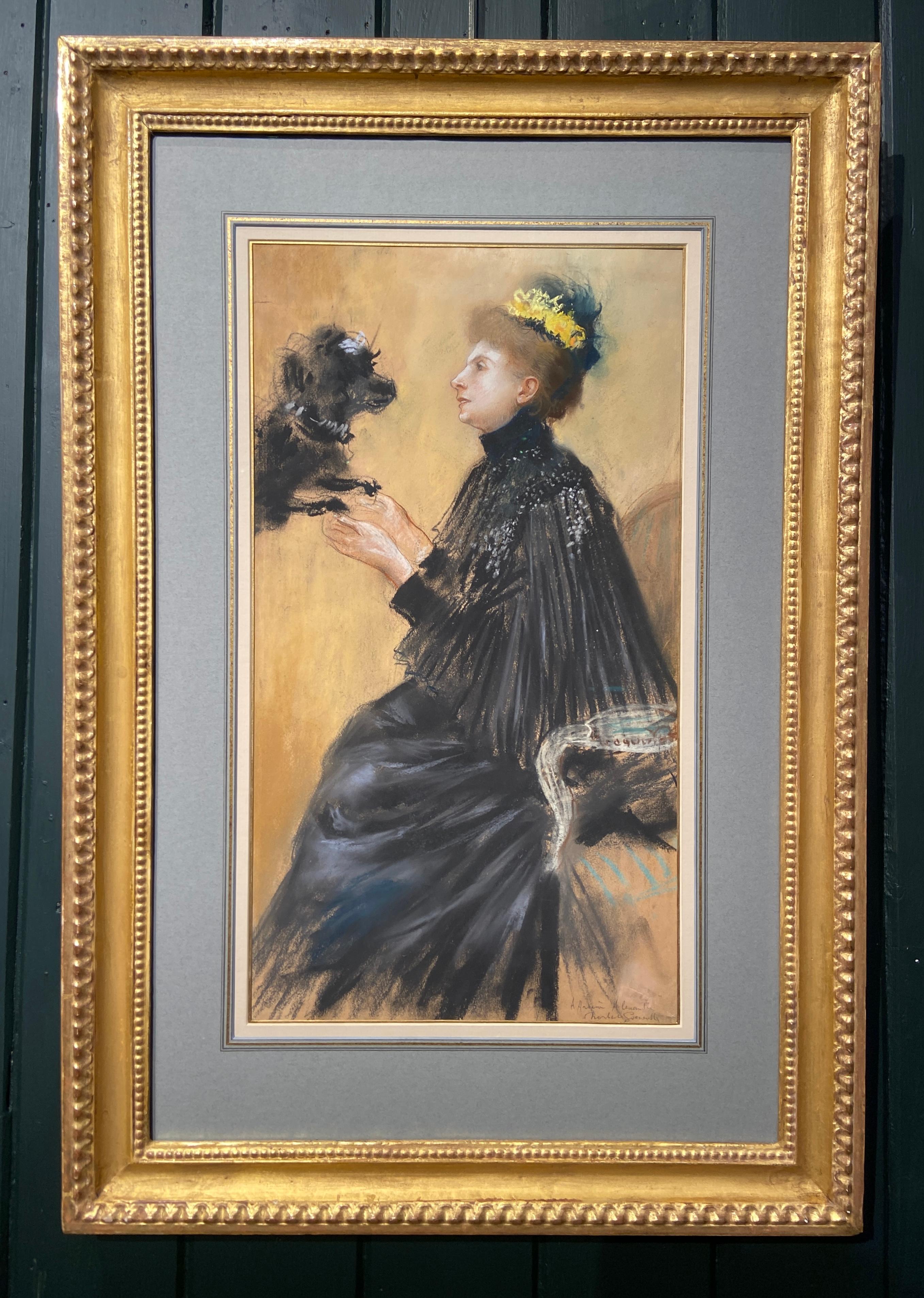 Portrait of a Lady and her Dog, 19th Century French Pastel - Victorian Art by Norbert Goeneutte