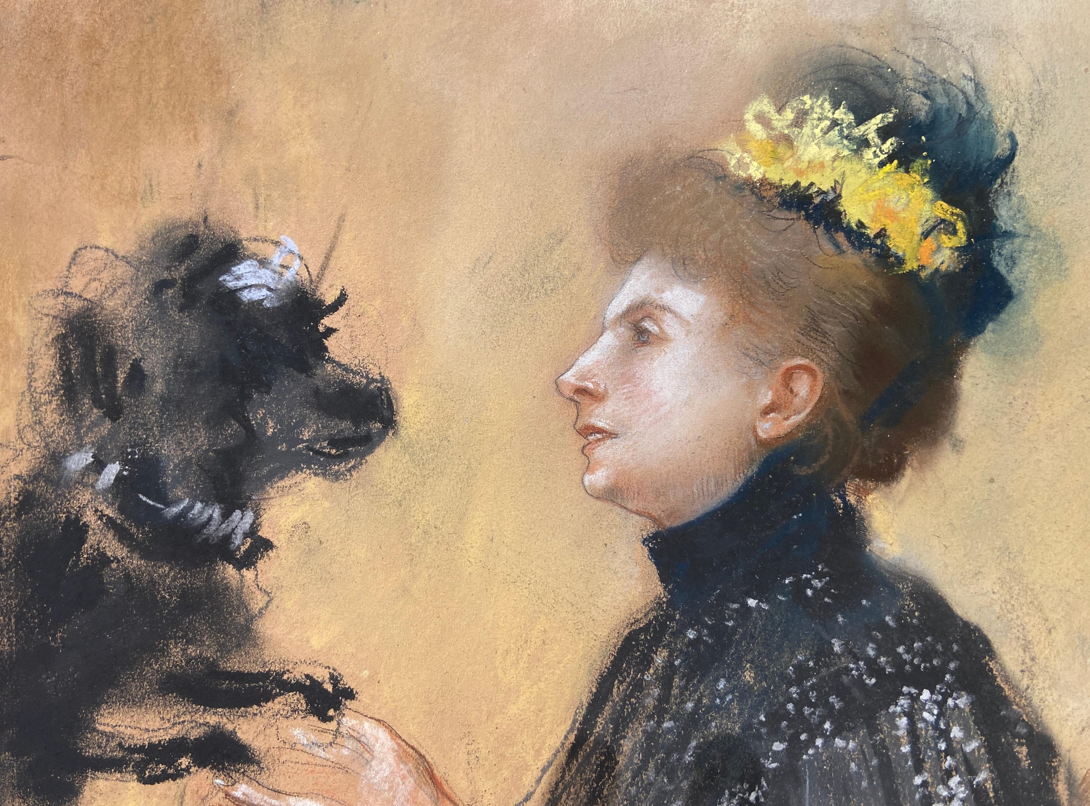 Portrait of a Lady and her Dog, 19th Century French Pastel - Gray Figurative Art by Norbert Goeneutte