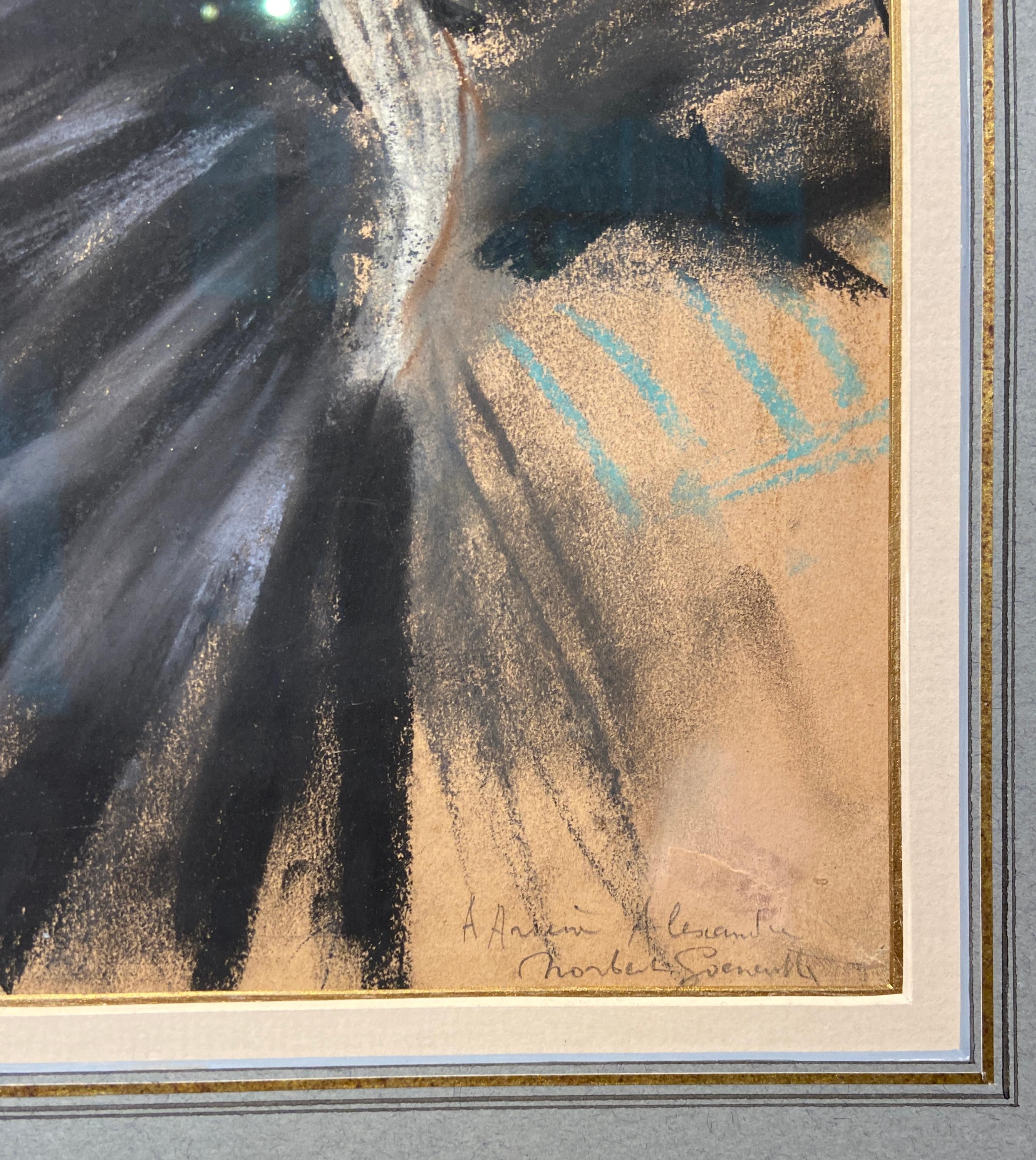 Pastel on paper, signed & inscribed bottom right
Image size: 25 x 12 inches (63.5 x 30 cm)
Acid free mount and gilt frame

This is a focused and intimate portrait of a Parisian lady in profile, with her dog. Although this is a delicate portrait the