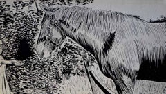 Vintage Girl Feeding Horse. Pen & Ink. Mid 20th Century