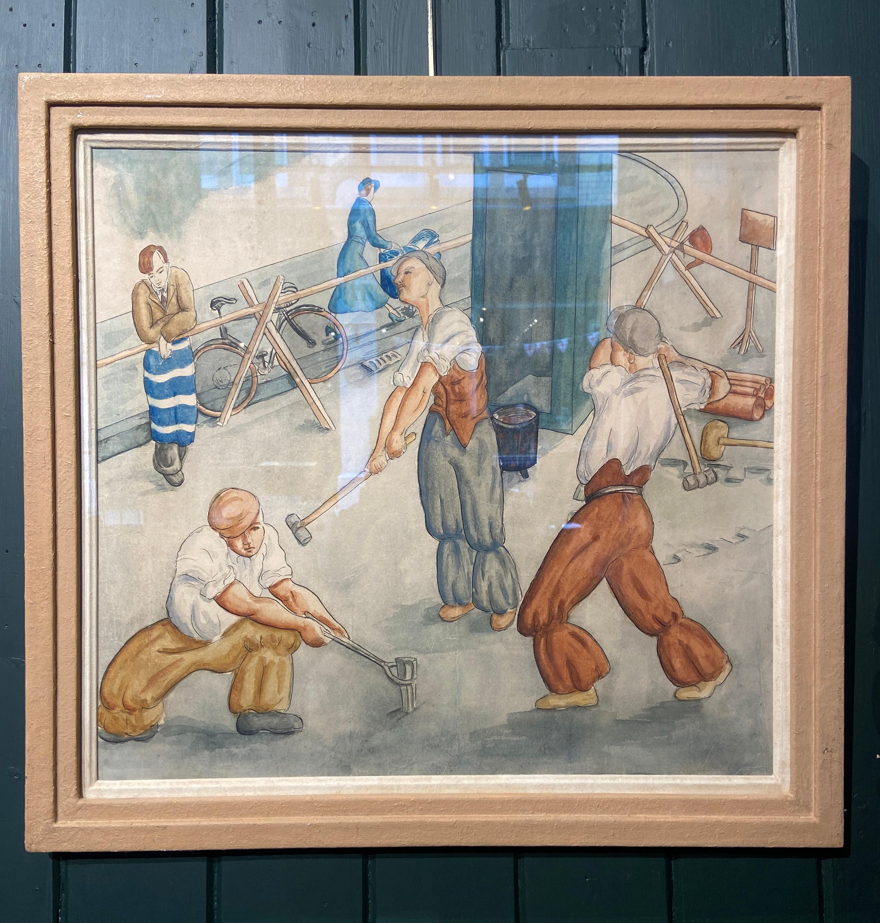 Straßenarbeiter, Aquarell des frühen 20. Jahrhunderts – Art von Early 20th Century English School