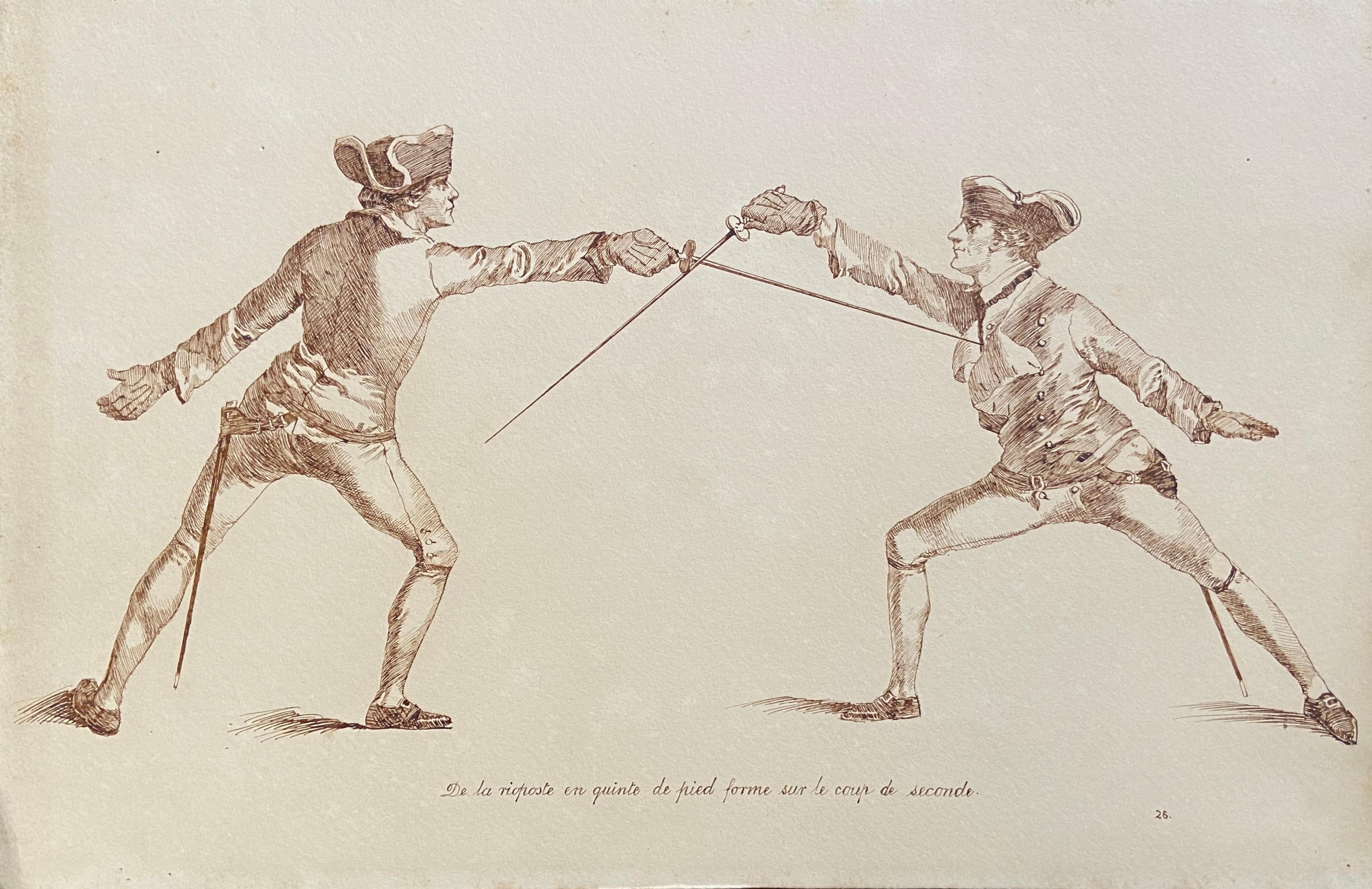 Pen and Ink, titled lower centre
Image size: 11 x 18 inches (28 x 46cm). 
Priced as Individuals
Please note that each image size varies slightly

These pen and ink studies show two gentleman fencers in various fighting positions. These have been