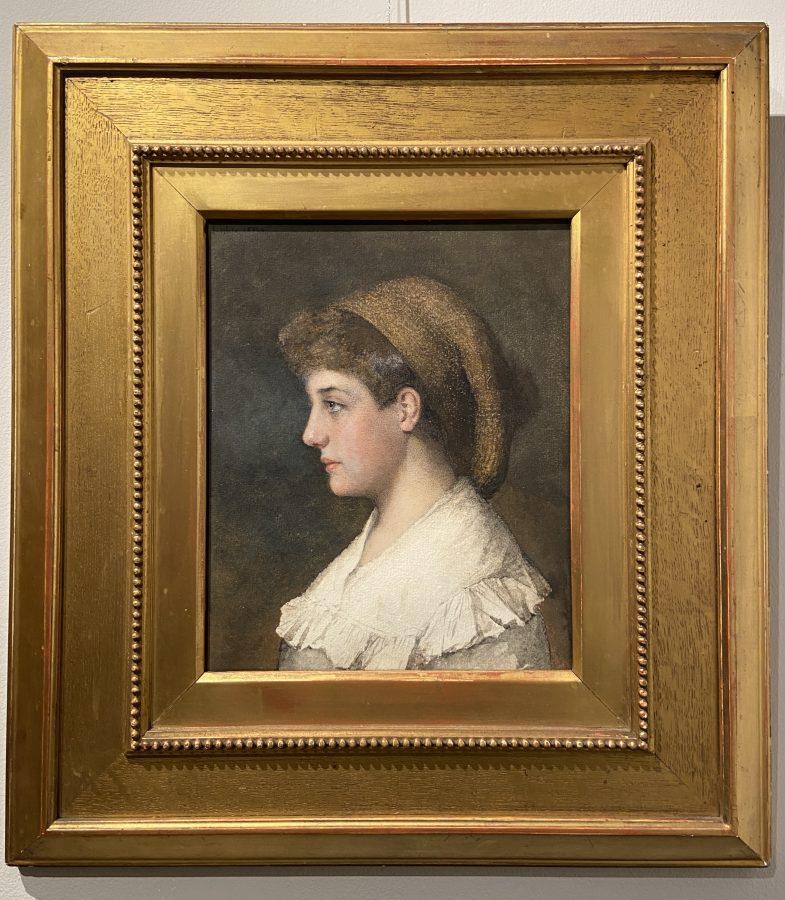 Watercolour on paper, signed and dated 1884 top left
Image size: 11 x 8 3/4 inches (28 x 22.25 cm)
Original gilt frame

This is a late 19th century portrait of a girl in profile, wearing a bonnet and dress, and looking forwards. Her face is bathed