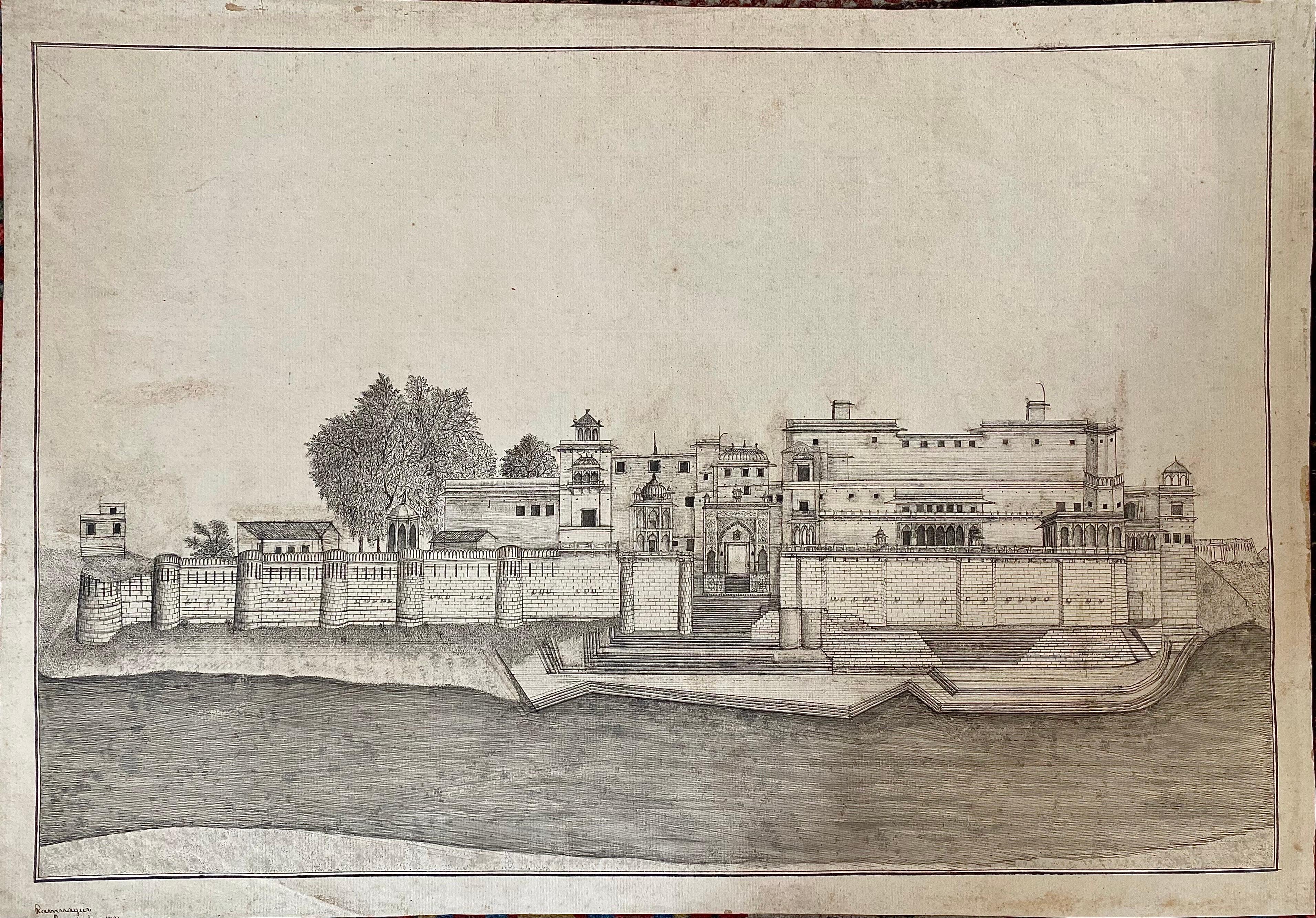 Unknown Landscape Art – Ramnagar Fort, Indien, Company School, Bleistift und Tinte, spätes 18. Jahrhundert