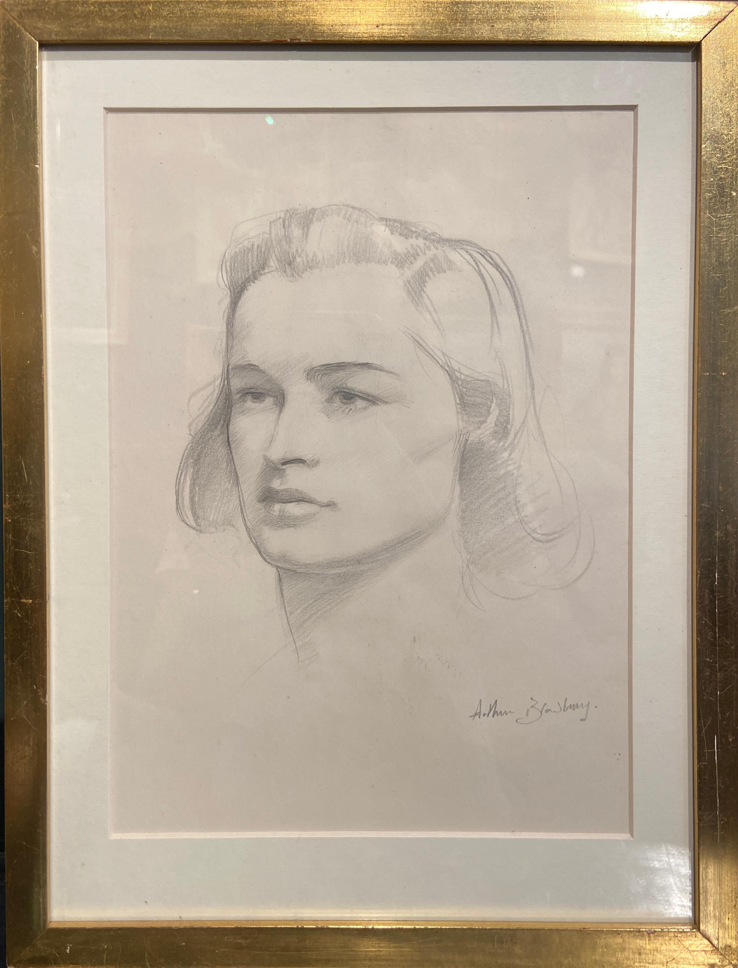 Graphite on paper, signed bottom right
Entitled and dated 'Nov 1942' verso
Image size: 7 x 10 inches (17.75 x 25.5 cm)
Period gilt frame

This is a delicate portrait of Brigitte Kelly, a British dancer who danced with the Covent Garden Russian