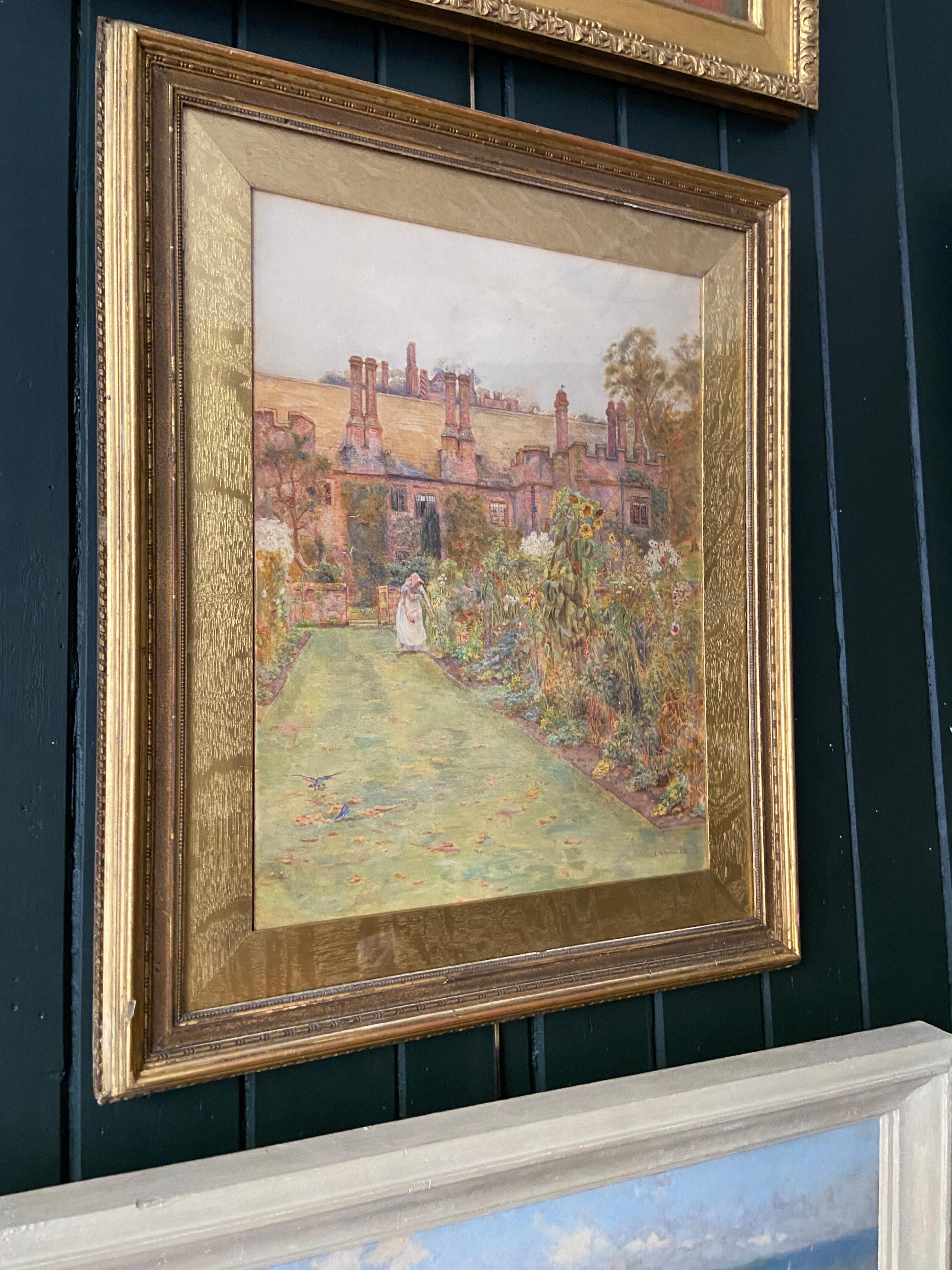 Ein englisches Haus, viktorianisches englisches Gartenaquarell, signiert und beschriftet – Art von Ernest Arthur Rowe