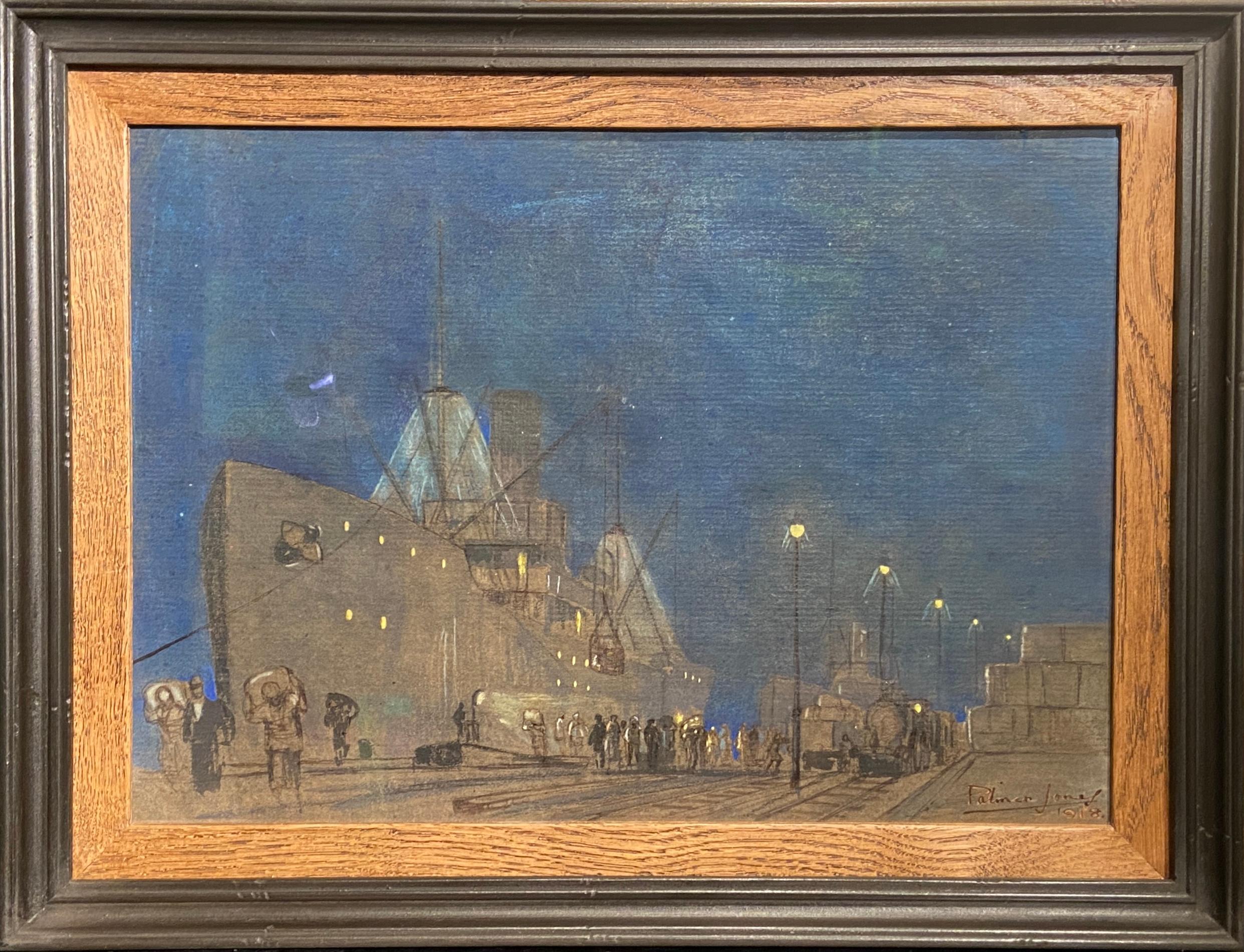 Watercolour and graphite on paper, signed and dated '1918' bottom right
Image size: 9 3/4 x 13 3/4 inches (25 x 35 cm)
Contemporary style hand made frame


Provenance
London Private Collection


This dock scene, featuring figures loading a cargo