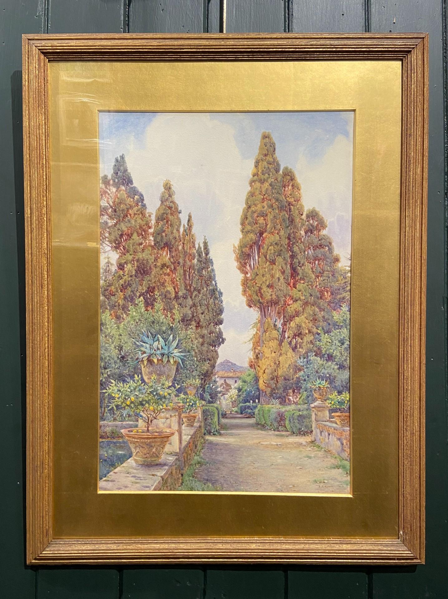 Zypressen, Villa D'Este, Tivoli, Englisches Aquarell des frühen 20. Jahrhunderts – Art von Ernest Arthur Rowe