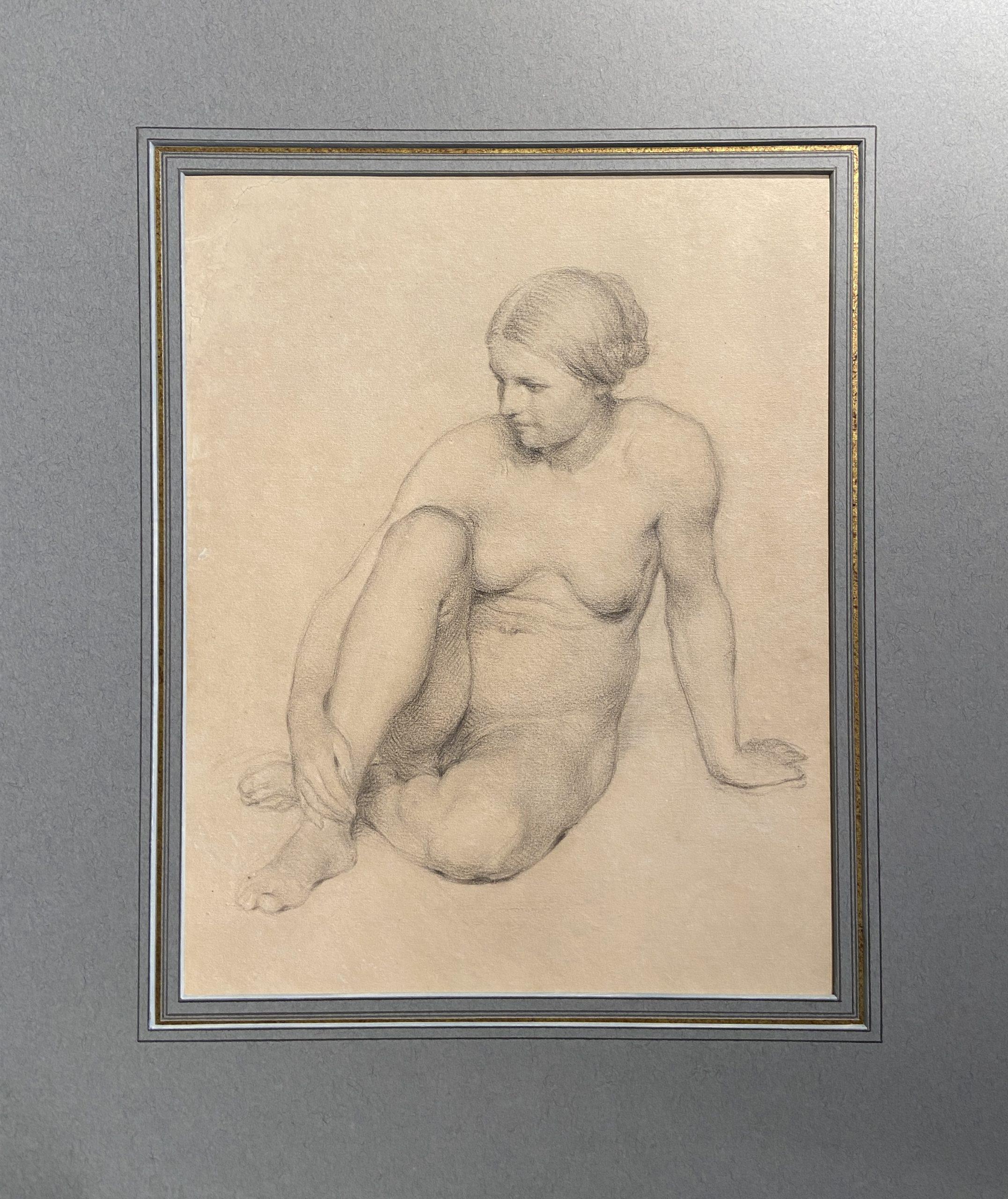 Studie einer sitzenden Frau, Graphitzeichnung, Französische Schule des 19. Jahrhunderts – Art von 19th century French School