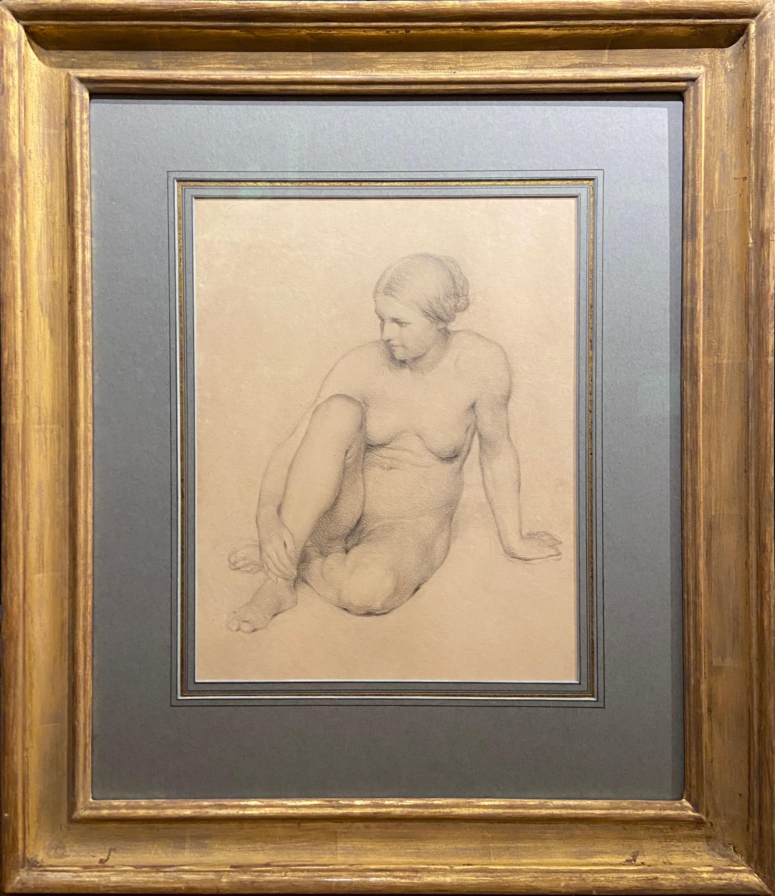 Graphite on paper
Image size: 13 x 10 1/2 inches (33 x 27 cm)
Mounted

This is a delicate 19th century academic graphite drawing of a seated female nude in the neoclassical style.

A well-executed drawing, the artist has managed to capture the quiet