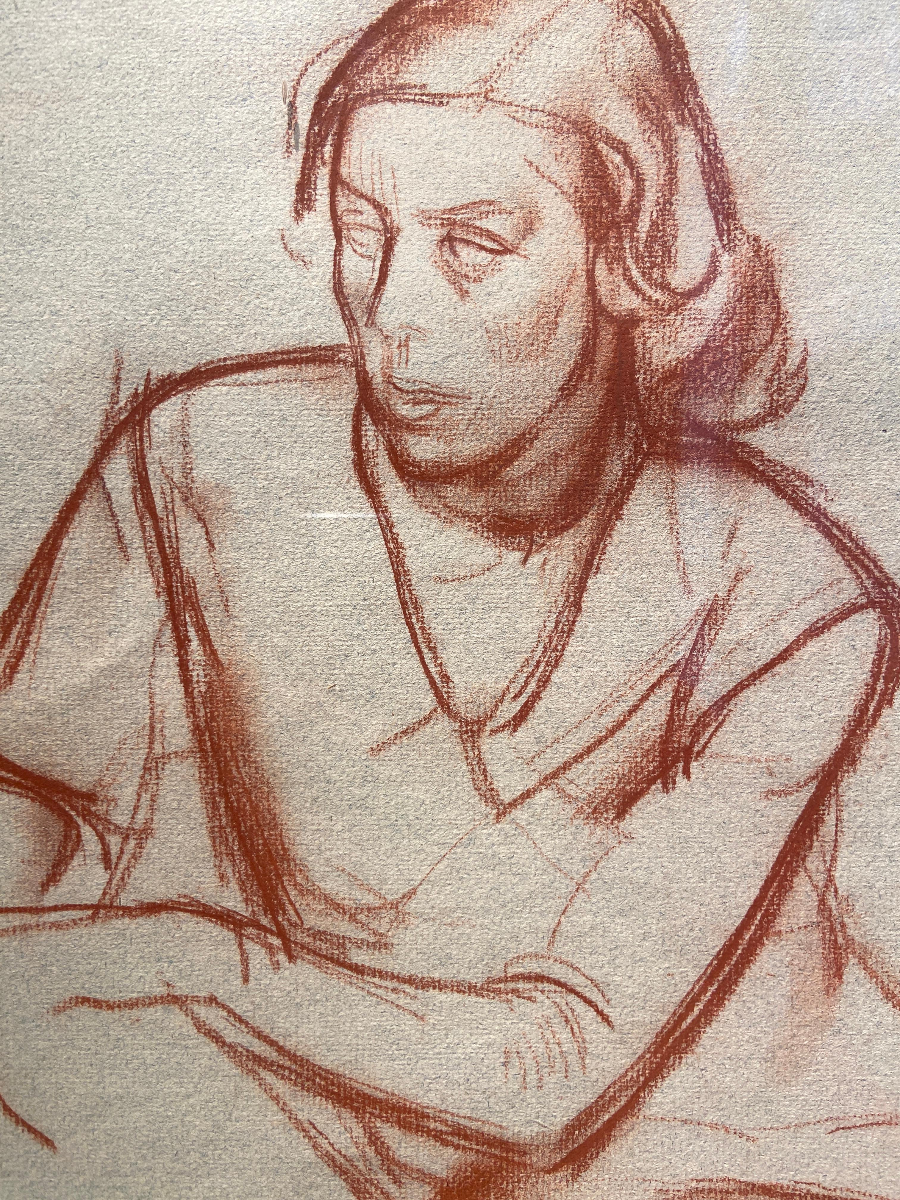 Studie einer sitzenden Frau, Rötelzeichnung, Moderner britischer Künstler, gerahmt (Grau), Portrait, von James Stroudley