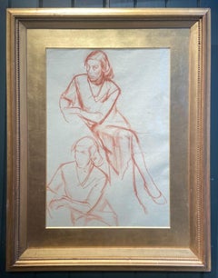 Studi di una donna seduta, disegno a gesso rosso, artista britannico moderno, incorniciato