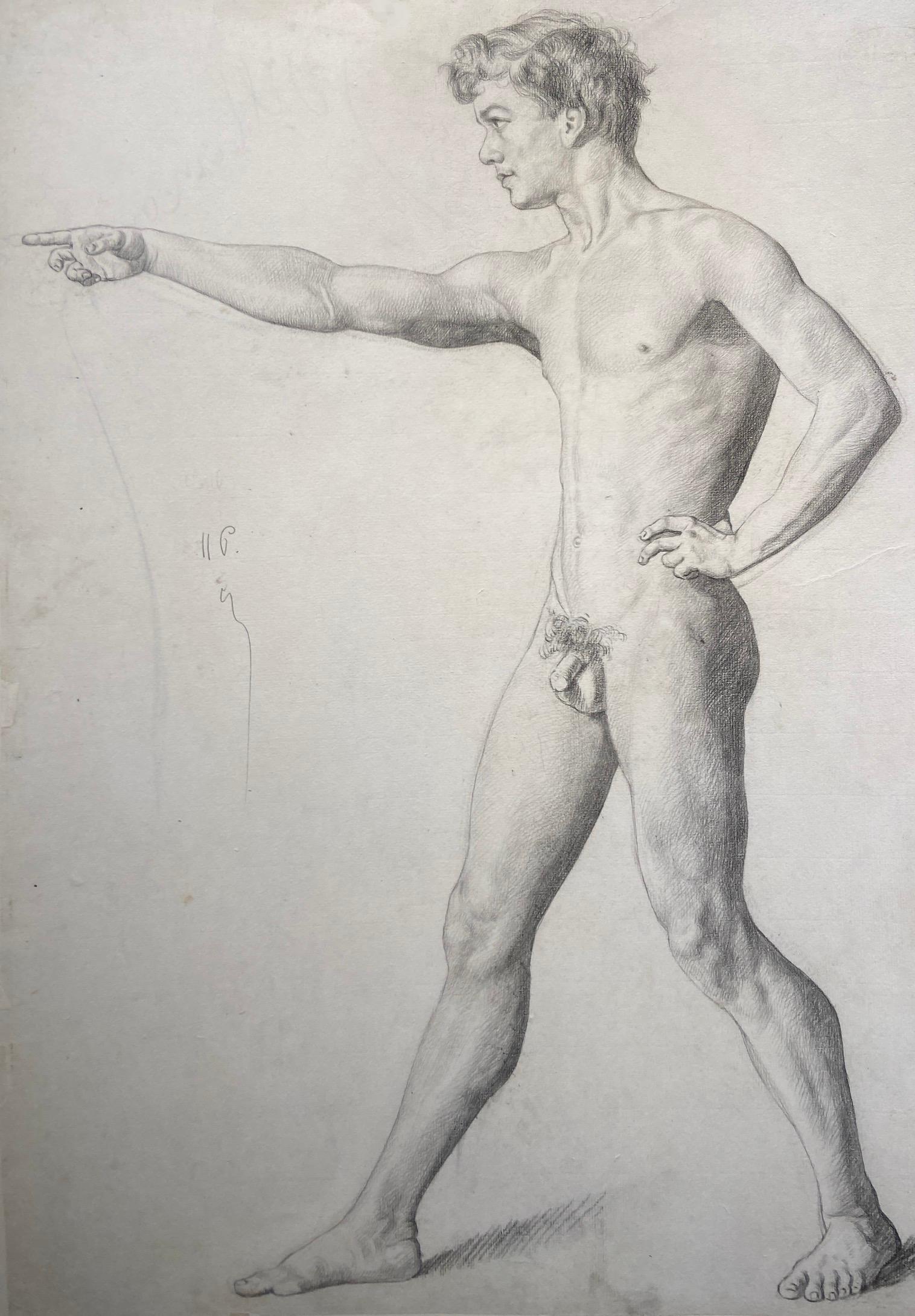 Leon Bellemont Nude – Anatomie des Mannes, signierte Graphit-Aktskizze auf Papier, französischer Künstler des 19. Jahrhunderts