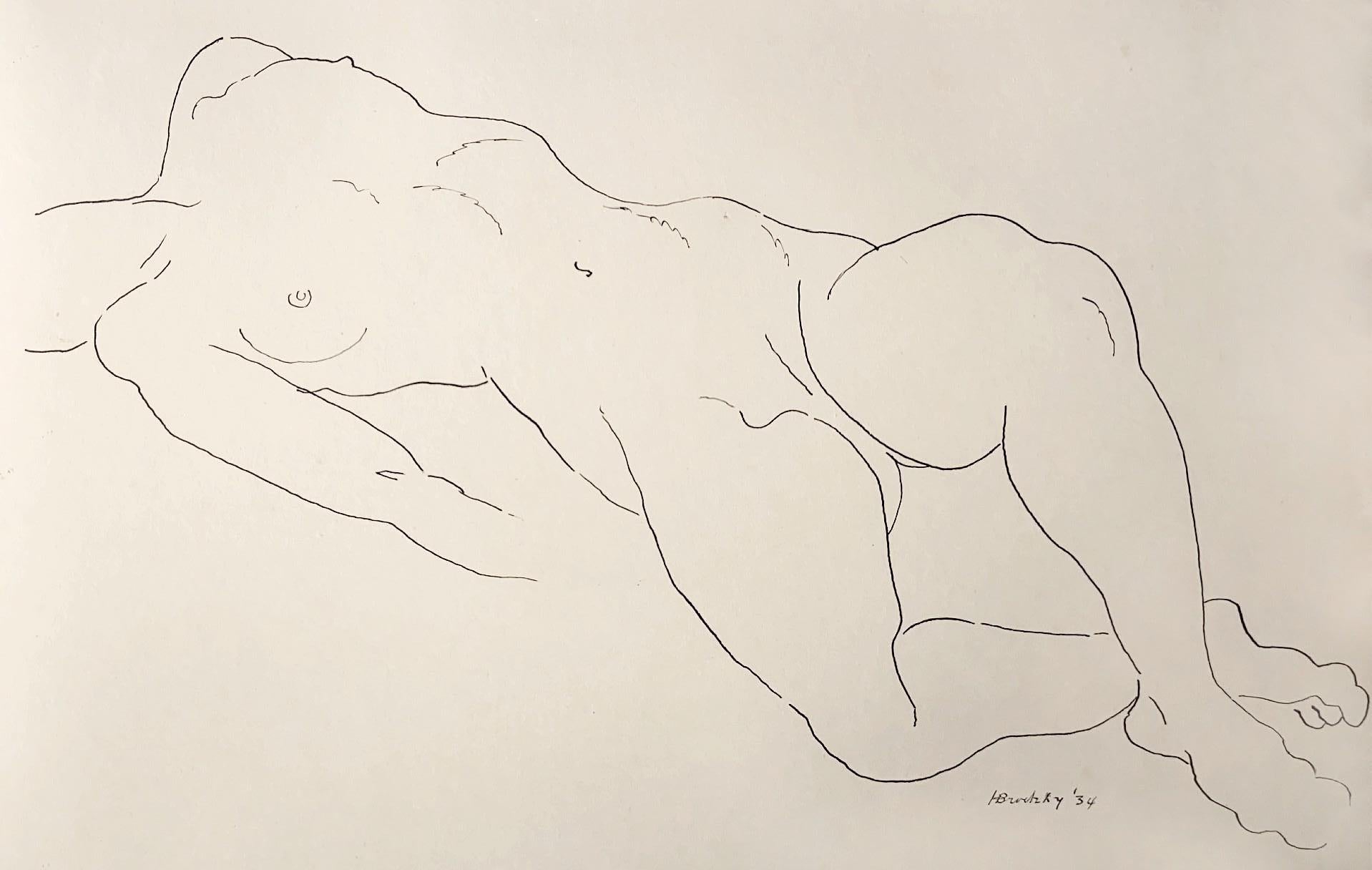 Nude Horace Brodsky - Essence of Line, étude nue à l'encre, dessin du début du 20e siècle, signé et daté