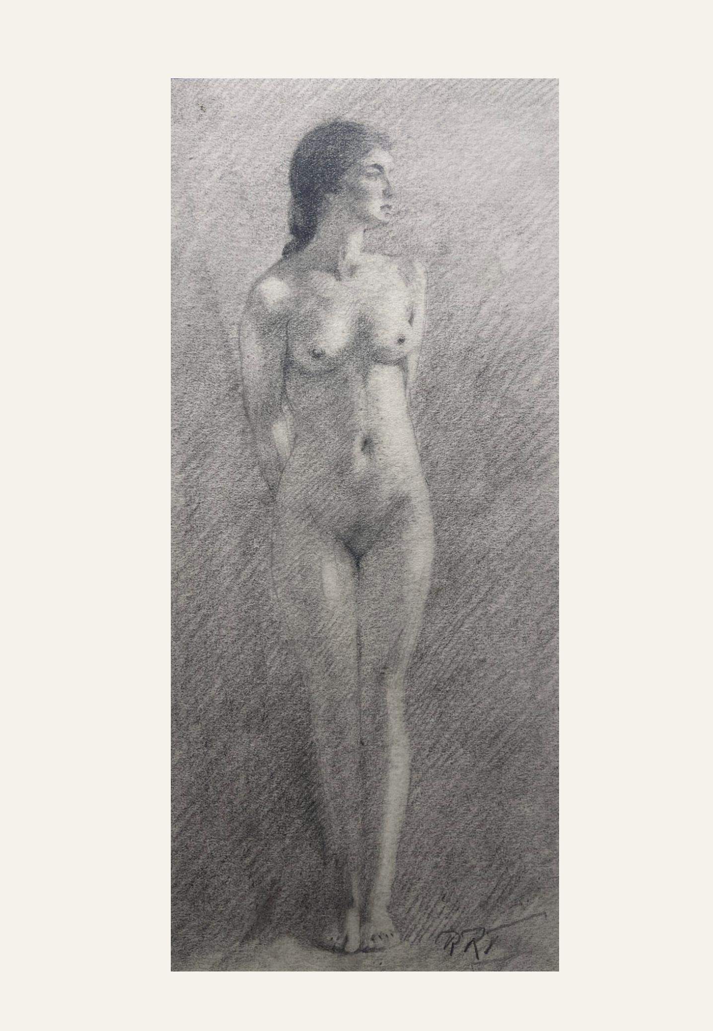 Graphite nude study, 19th Century British School, Gilt Frame - Art by R.T.T.