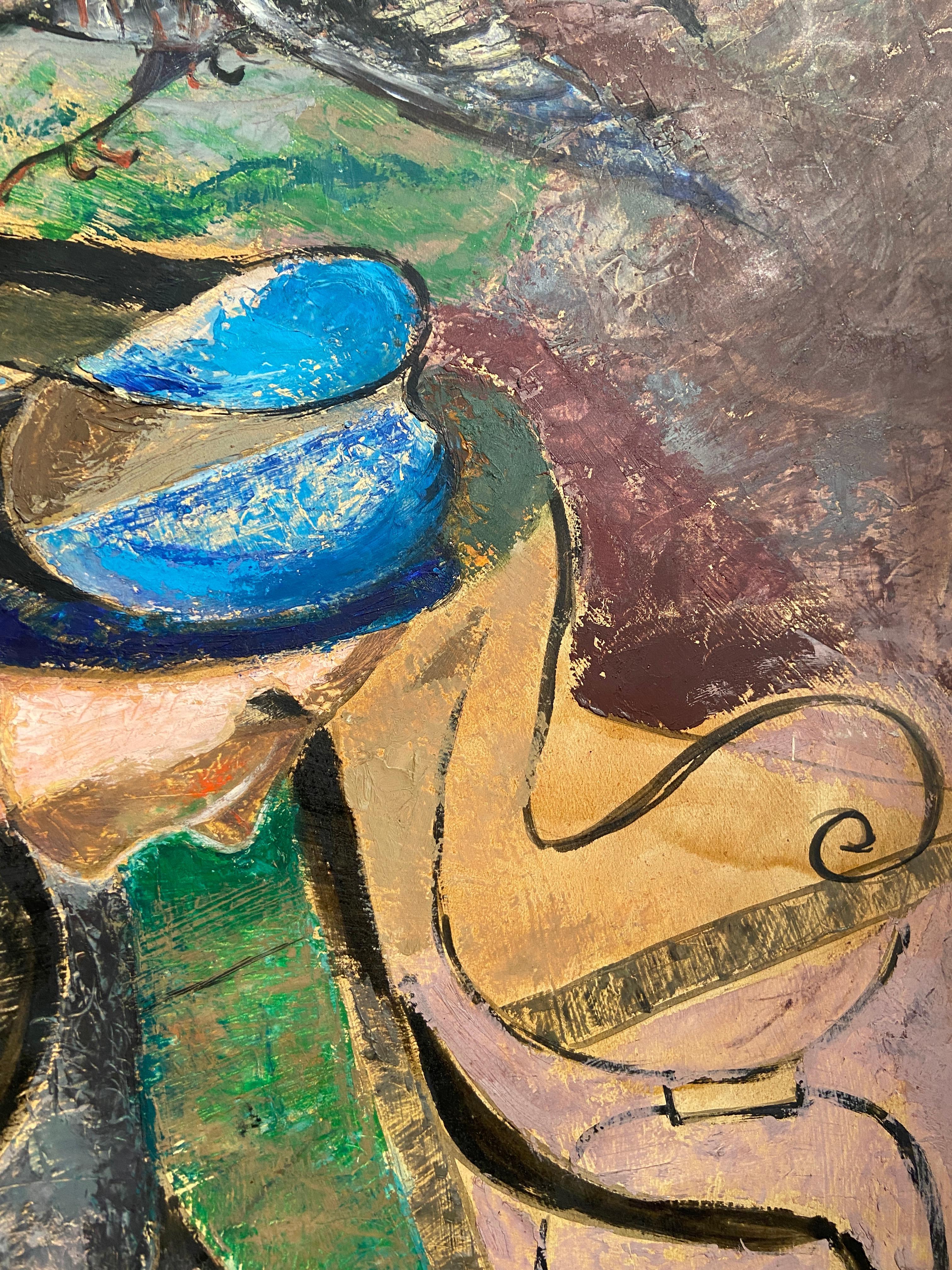 Oil on board, signed verso
Image size: 40 1/4 x 29 inches (102.25 x 73.5 cm)
Hand made contemporary style frame

Here we see a smartly dressed woman sat on a park bench, feeding a group of pigeons that surround her. Lena Gurr had a prolific career
