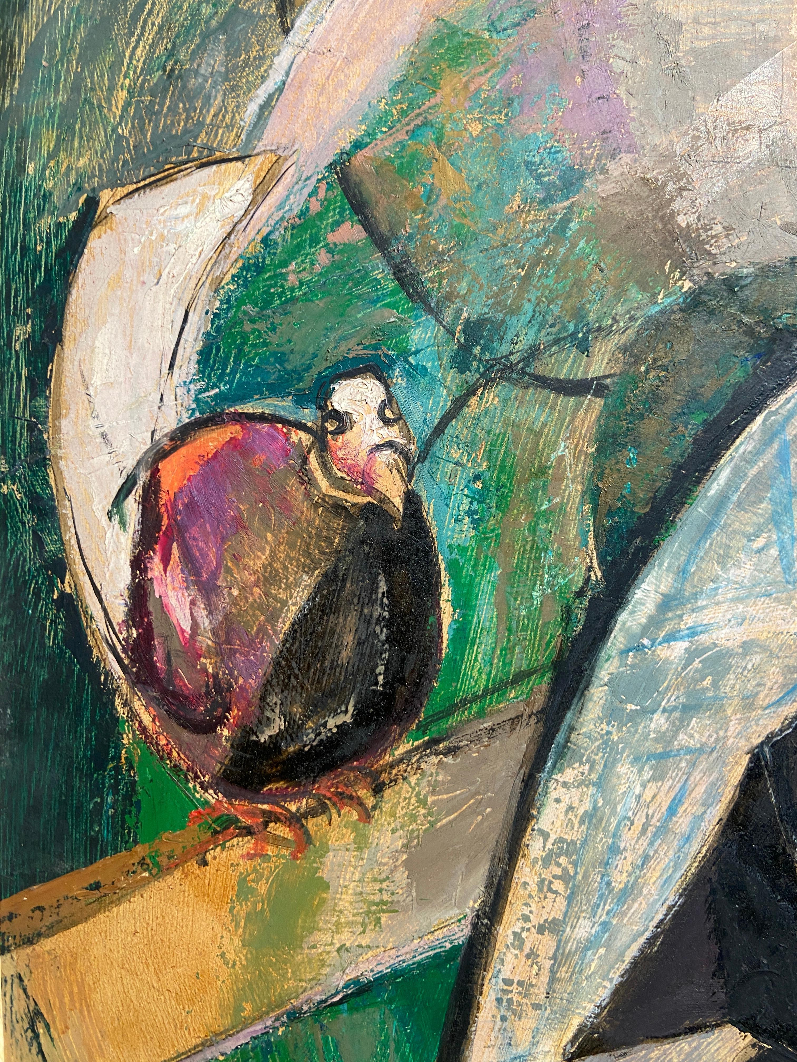 Feeding the Birds, Colourful 20th Century Oil Painting, Female Artist For Sale 1