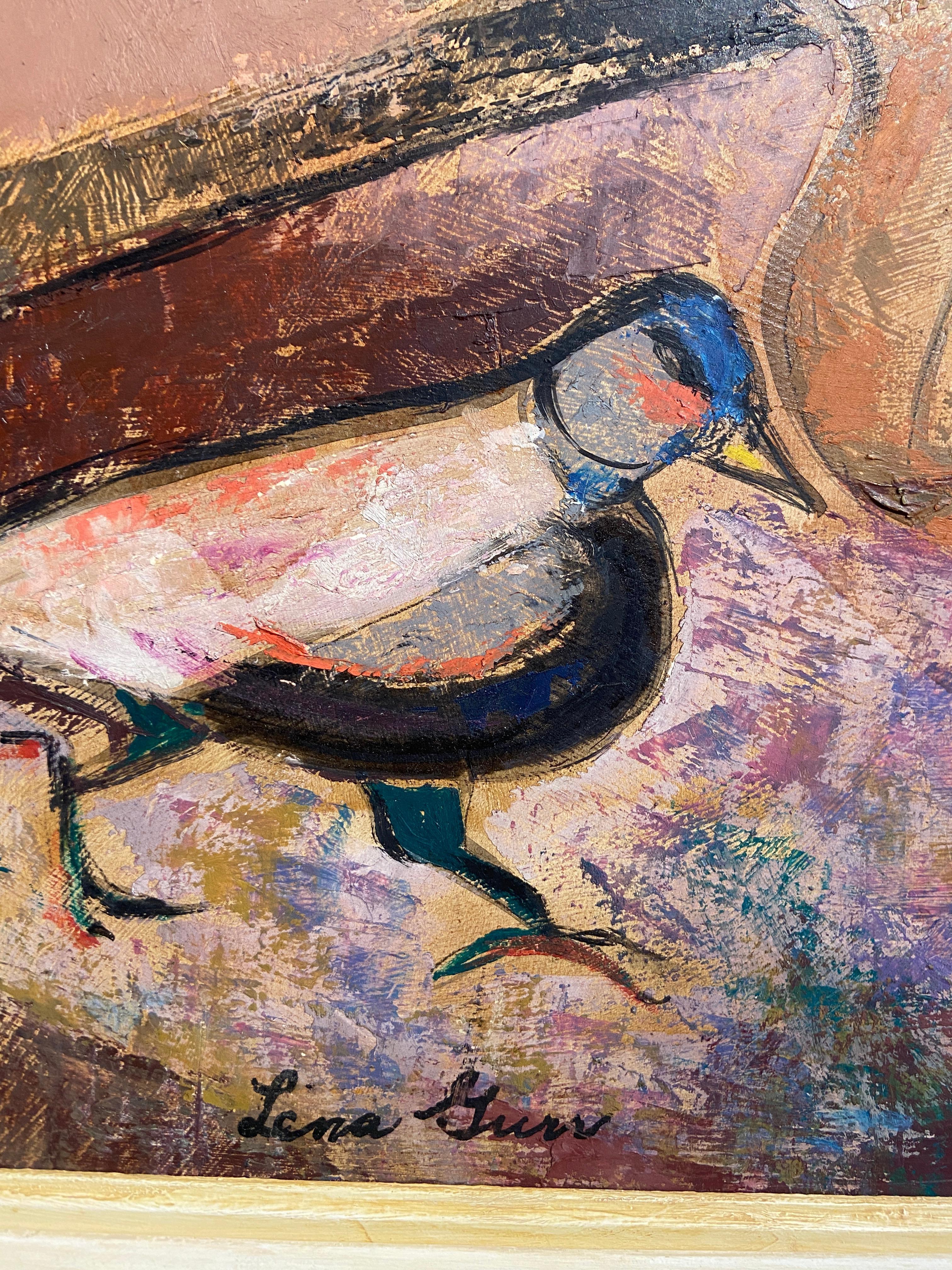 Feeding the Birds, Colourful 20th Century Oil Painting, Female Artist For Sale 2