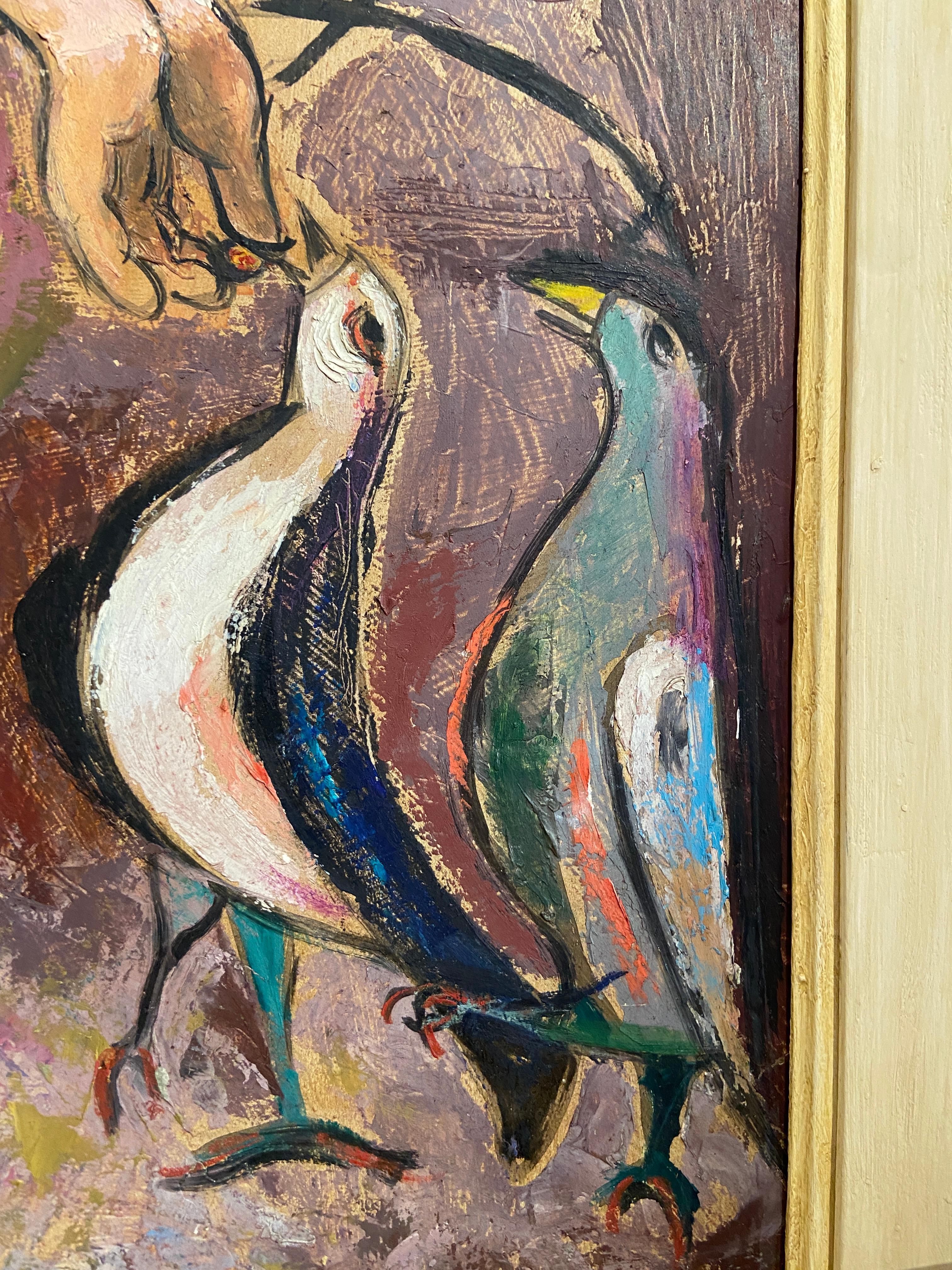 Feeding the Birds, Colourful 20th Century Oil Painting, Female Artist For Sale 4