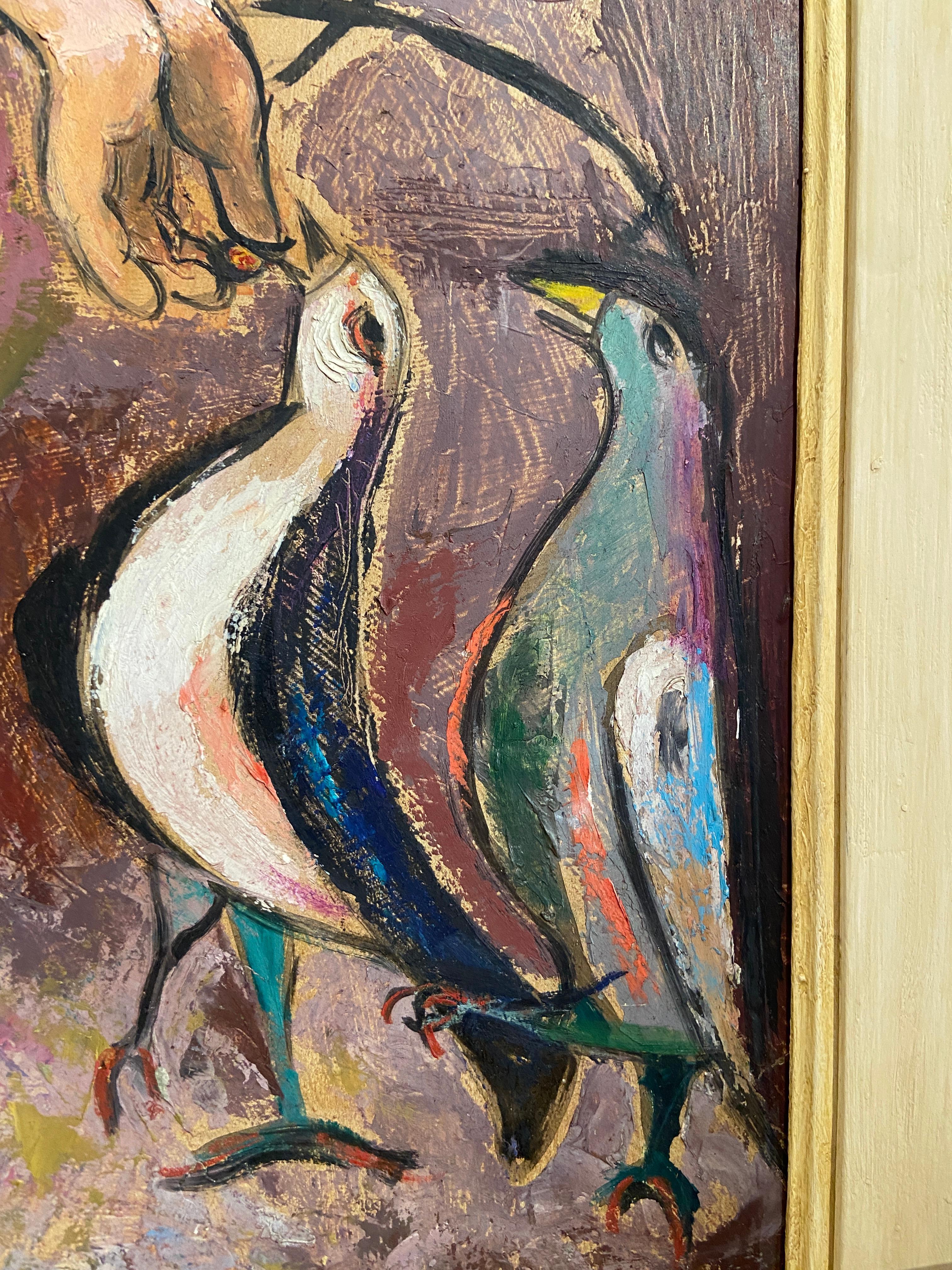 Feeding the Birds, Colourful 20th Century Oil Painting, Female Artist For Sale 3