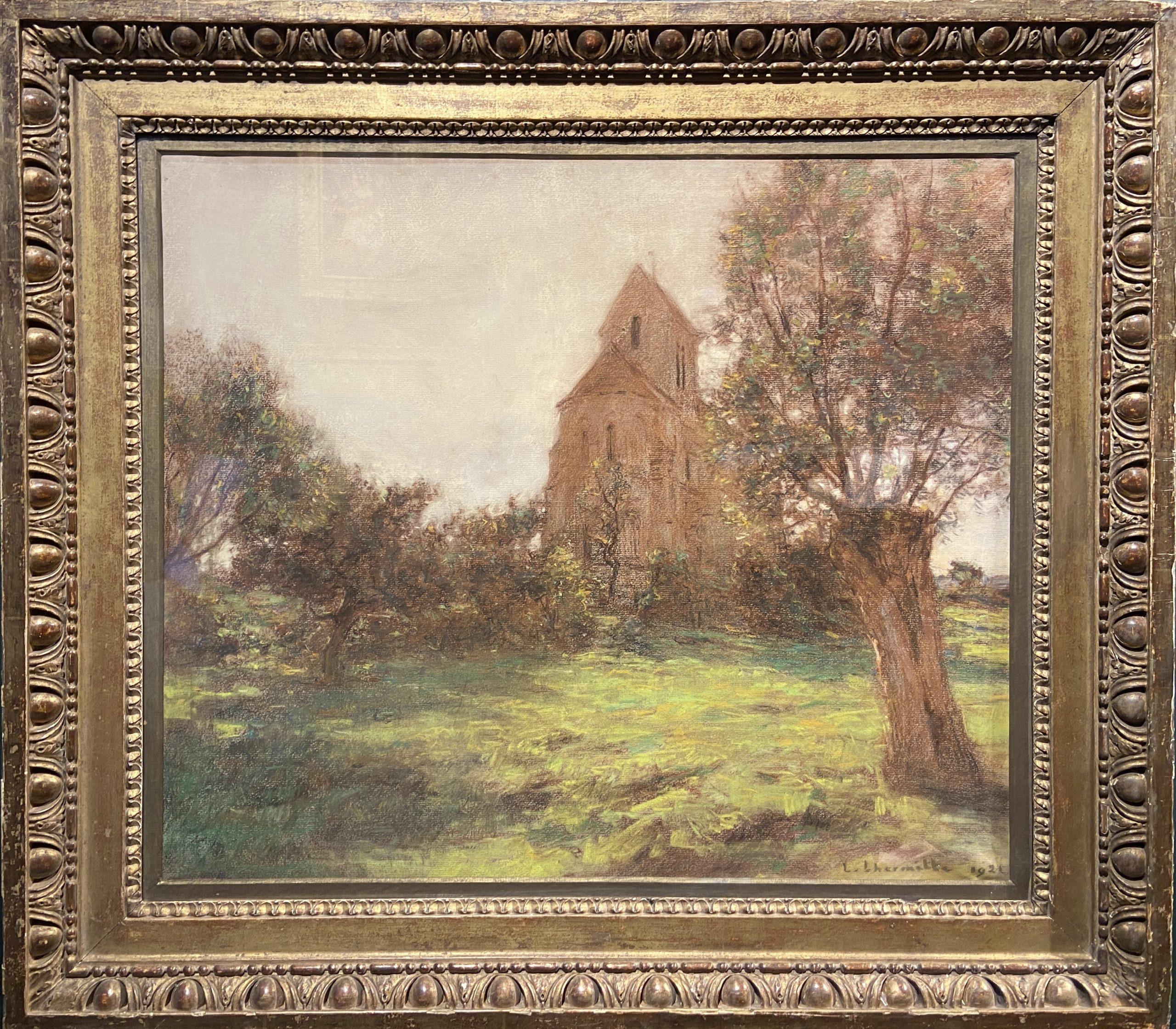 L'eglise de Mézy-Moulins, Pastell 19. Jahrhundert Französische Landschaft, signiert und datiert 1921 – Art von Léon Augustin Lhermitte