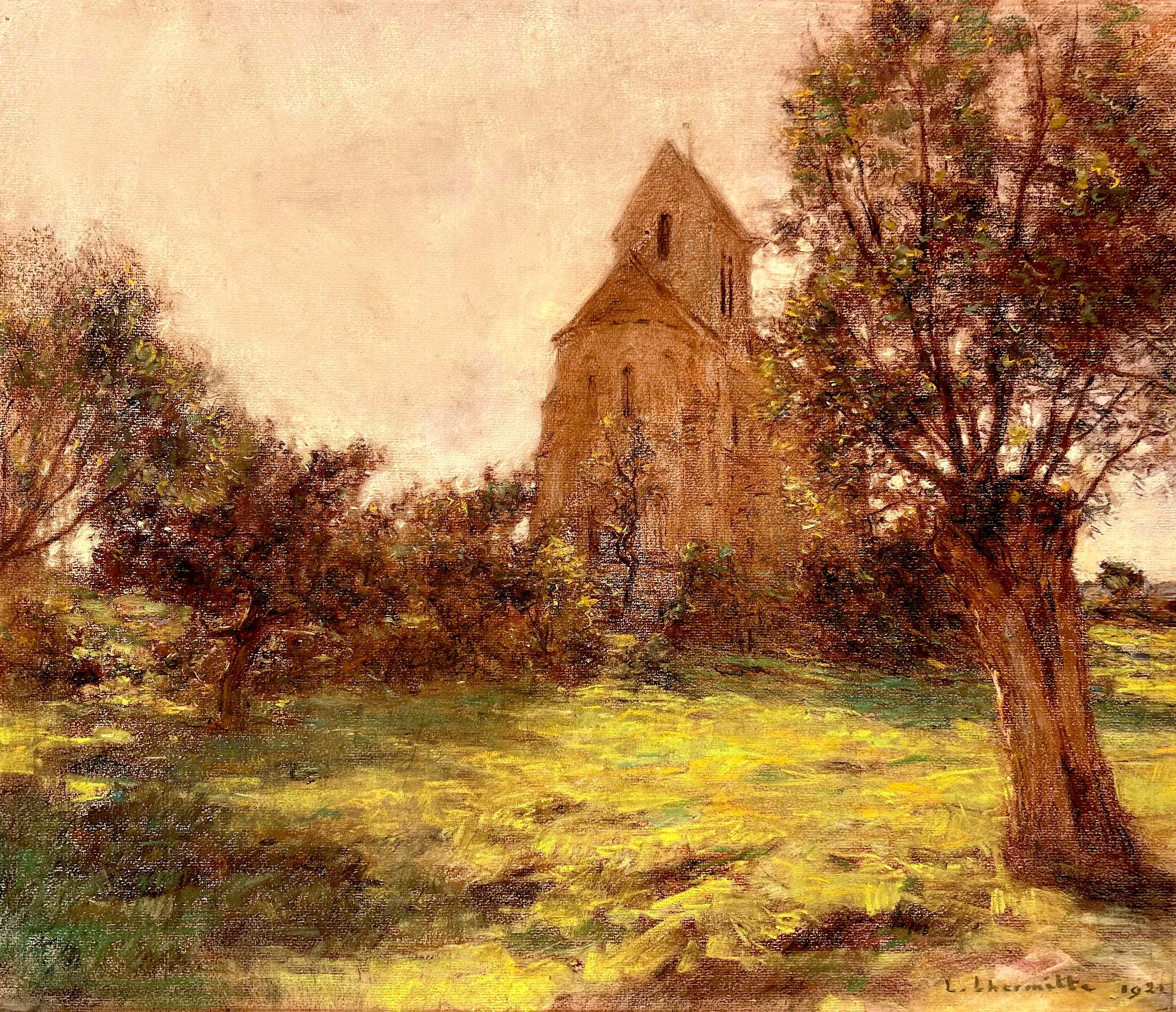 L'eglise de Mézy-Moulins, Paesaggio francese a pastello del XIX secolo, firmato e datato 1921 - Art di Léon Augustin Lhermitte