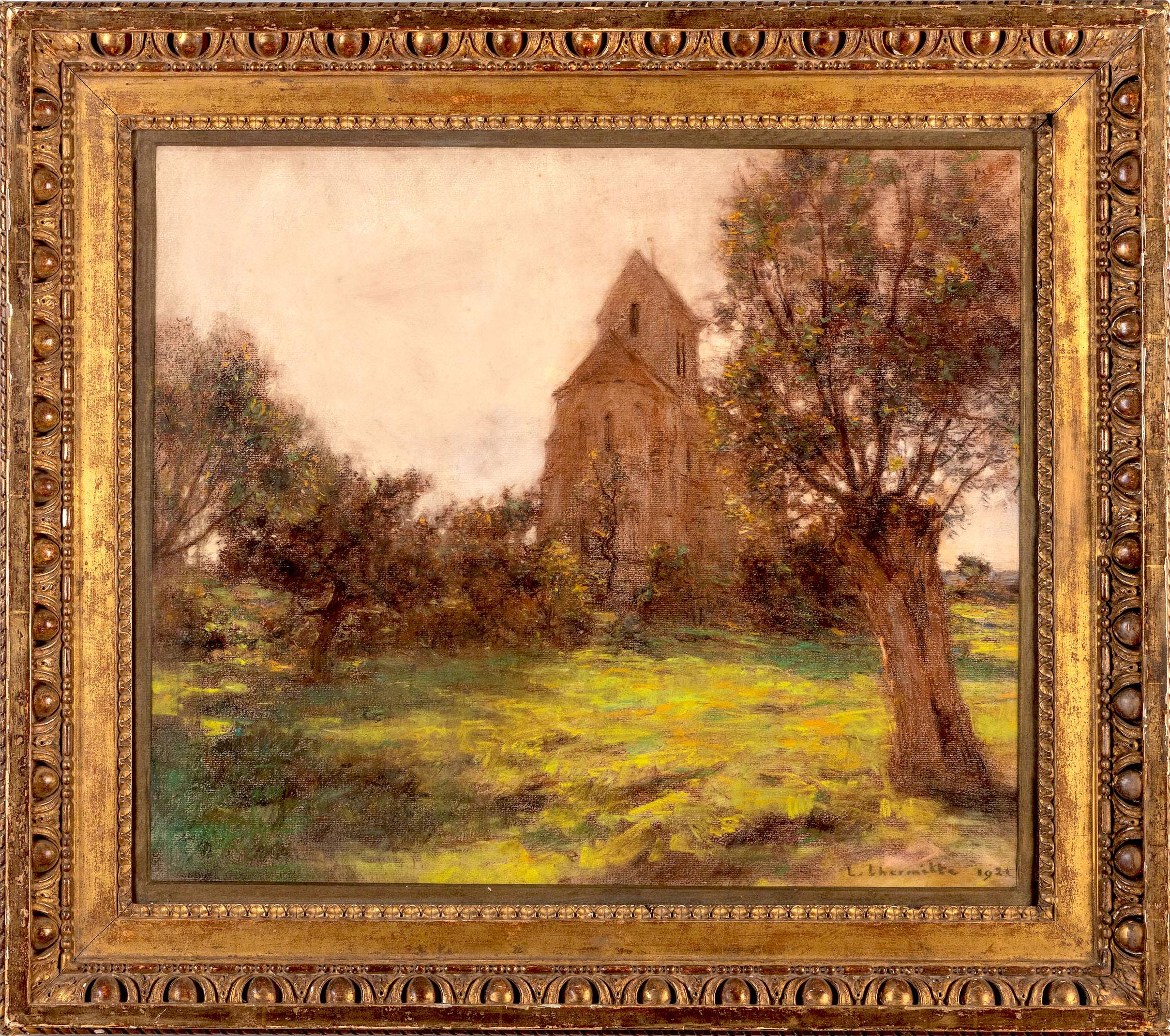 Landscape Art di Léon Augustin Lhermitte - L
eglise de Mézy-Moulins, Paesaggio francese a pastello del XIX secolo, firmato e datato 1921