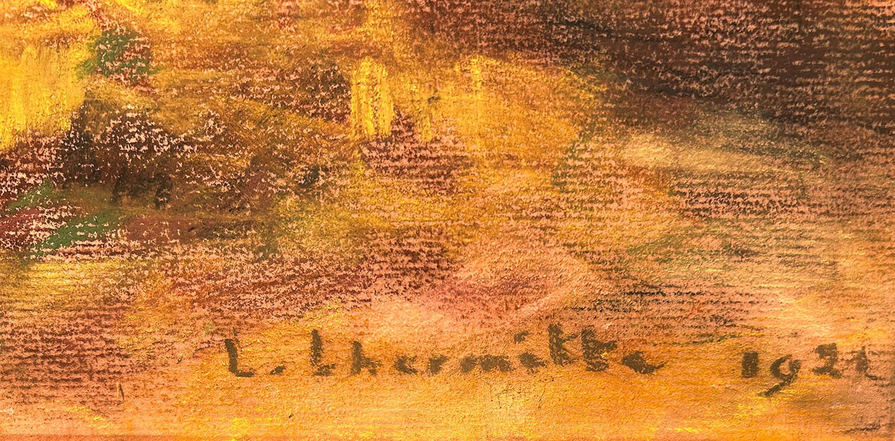 Pastello su tela montata, firmato e datato '1921' in basso a destra
Dimensioni dell'immagine: 20 x 24 pollici (51 x 61 cm)
Cornice originale dorata


Questa scena raffigura la chiesa di Mézy-Moulins, nel nord della Francia. Lhermitte creò molte