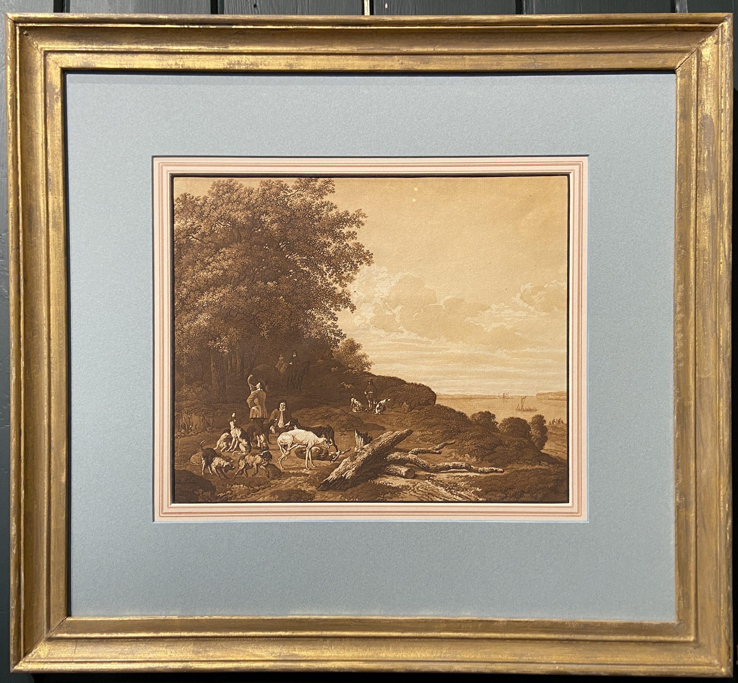 Pen and ink, brown wash, heightened with white bodycolour
Image size: 9 x 10 1/2 inches (22.75 x 26.75 cm)
Mounted with hand made gilt frame

Lingelbach presents a scene from the end of a hunting trip and we can see that a group of dogs have already