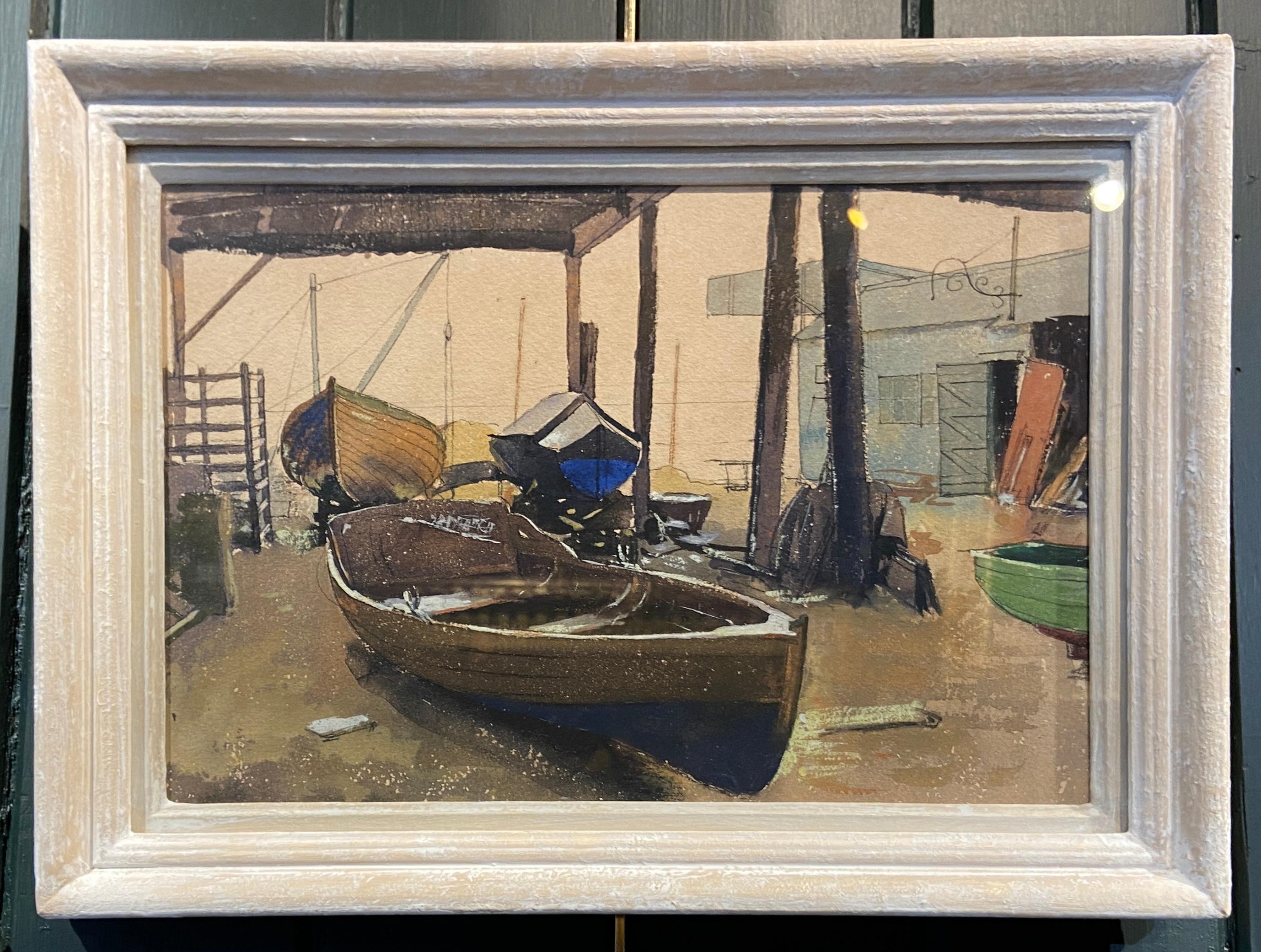 Watercolour and graphite on paper
Image size: 15 1/4 x 11 1/4 inches (38.75 x 28.5 cm)

This wonderful 20th century watercolour painting depicts a small boat yard that is filled with fishing and pleasure vessels. It is possible that this work was
