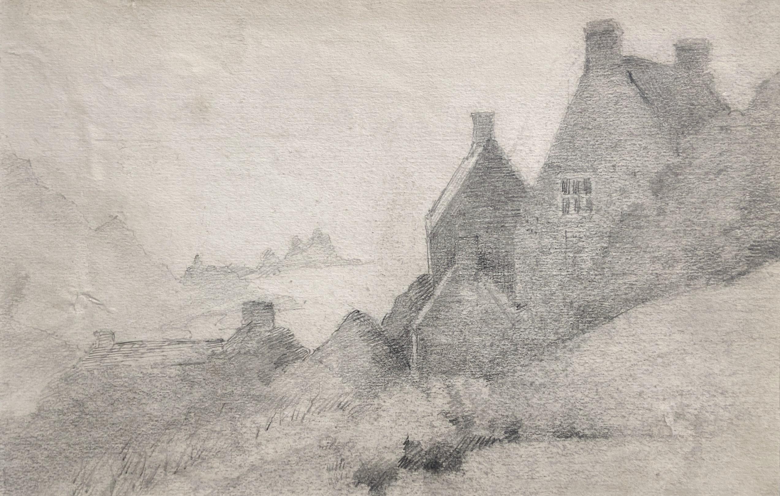 Jane Ross Landscape Art – Ansicht von Cornwall, Graphitskizze, Englische Künstlerin des 20.
