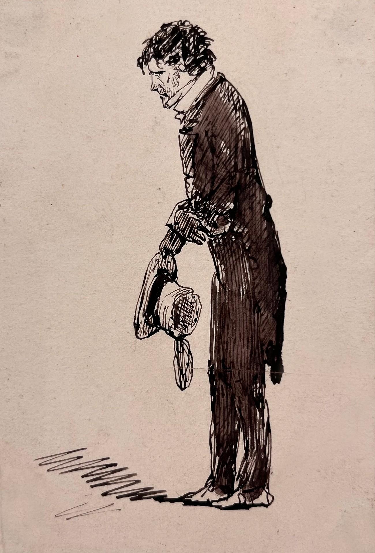 Pickford Robert Waller
Un hombre y su sombrero
1849-1930
Pluma y tinta sobre papel
Tamaño de la imagen: 10,5 x 7,7 cm (4 1/2 x 3 pulgadas)
Montado

Este encantador dibujo representa a un caballero de la época victoriana mientras se quita el sombrero