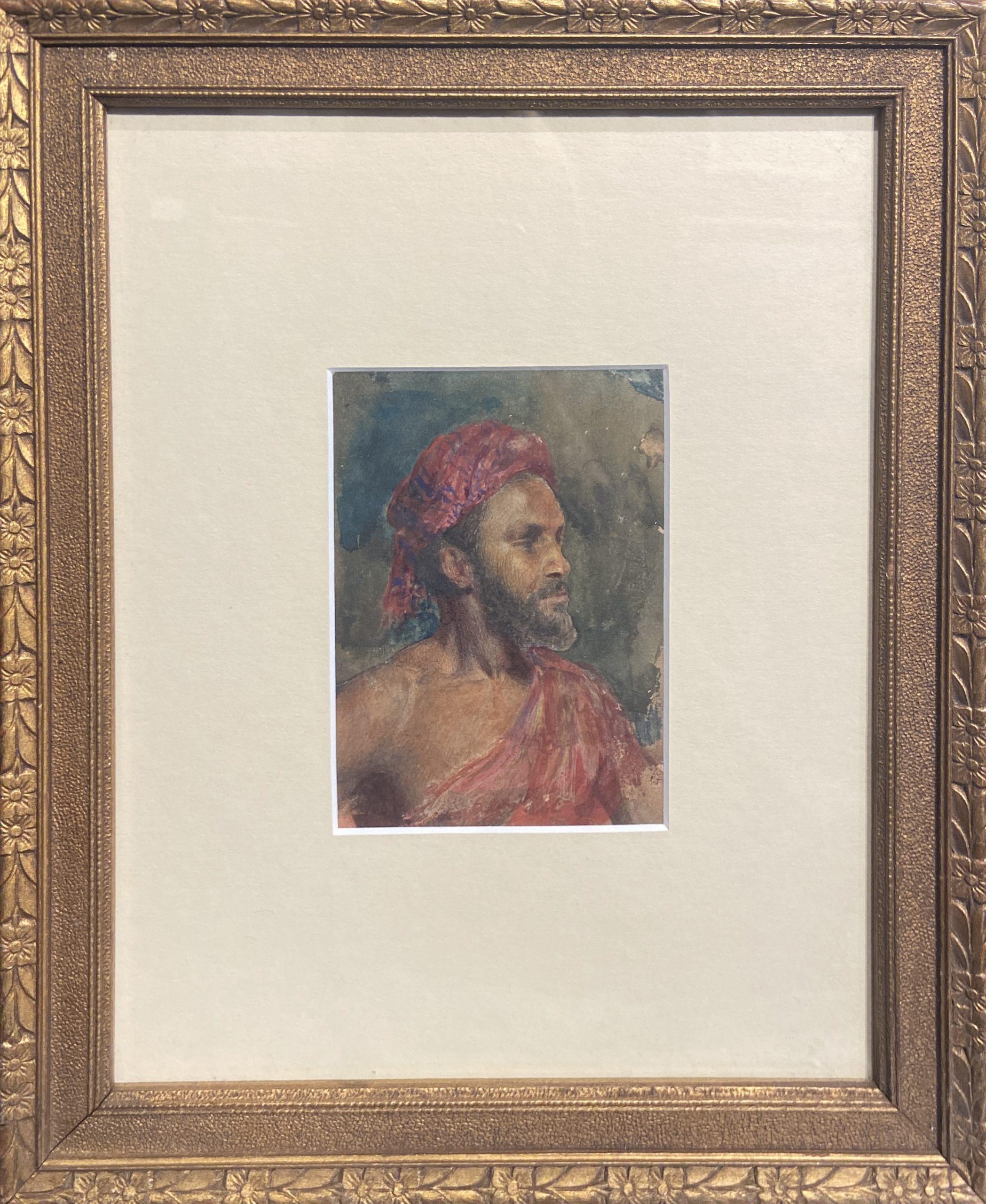 Retrato de hombre con turbante rojo, acuarela orientalista de principios del siglo XIX - Art de Leopold Carl Muller