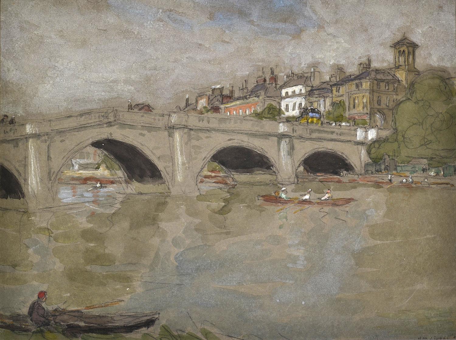 Horace Mann Livens Landscape Art - Richmond Bridge, Victorian Oil Painting,  London Scene