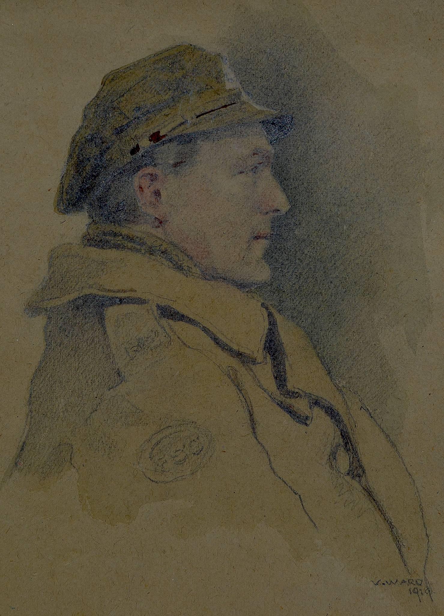 Portrait V. Ward - Officier inconnu avec une casquette de tranchée, œuvre d'art anglaise du 20e siècle