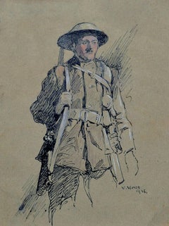 Rifleman, englischer Künstler des 20. Jahrhunderts, Aquarell und Tinte, Kriegsthema