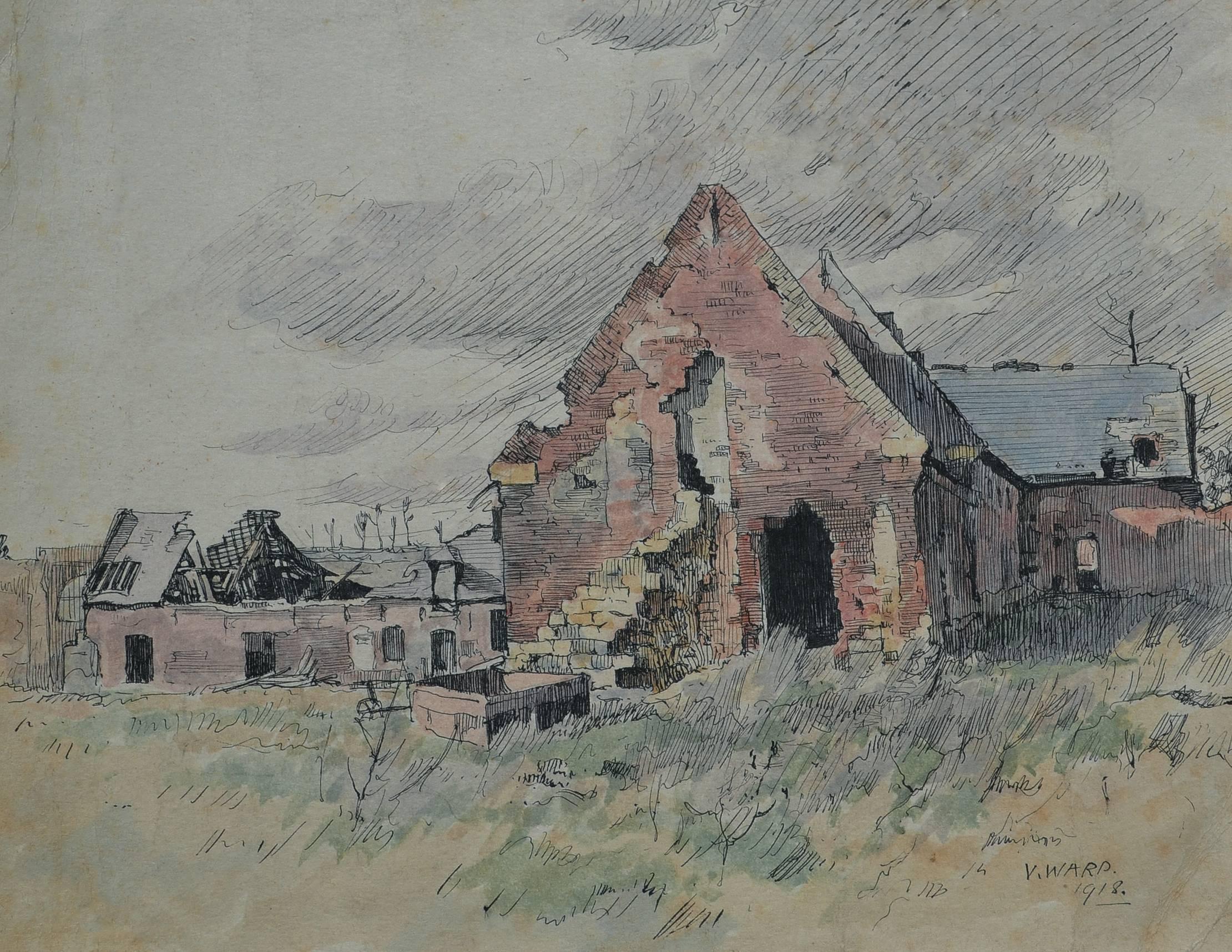 V. Ward Landscape Art – Bombed Dwelling, signiertes Aquarell, 20. Jahrhundert