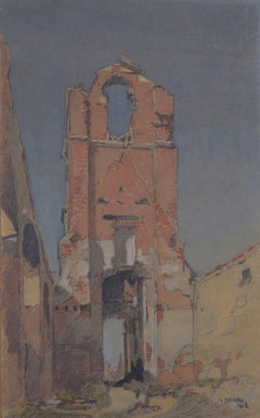 Paysage bombardé, aquarelle signée du 20e siècle