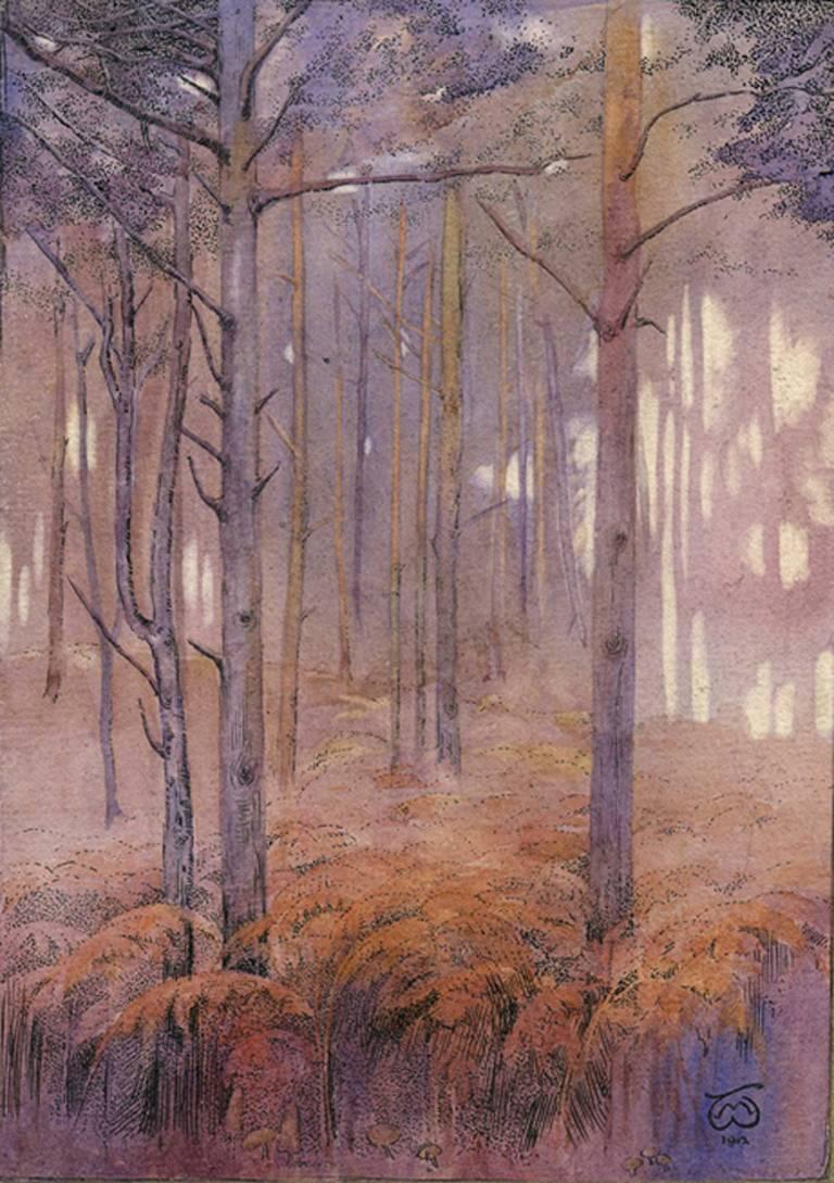 Landscape Art Marjory Whittington - COUCHER DE SOLEIL, NOUVELLE FORÊT, École britannique, 20e siècle Aquarelle signée