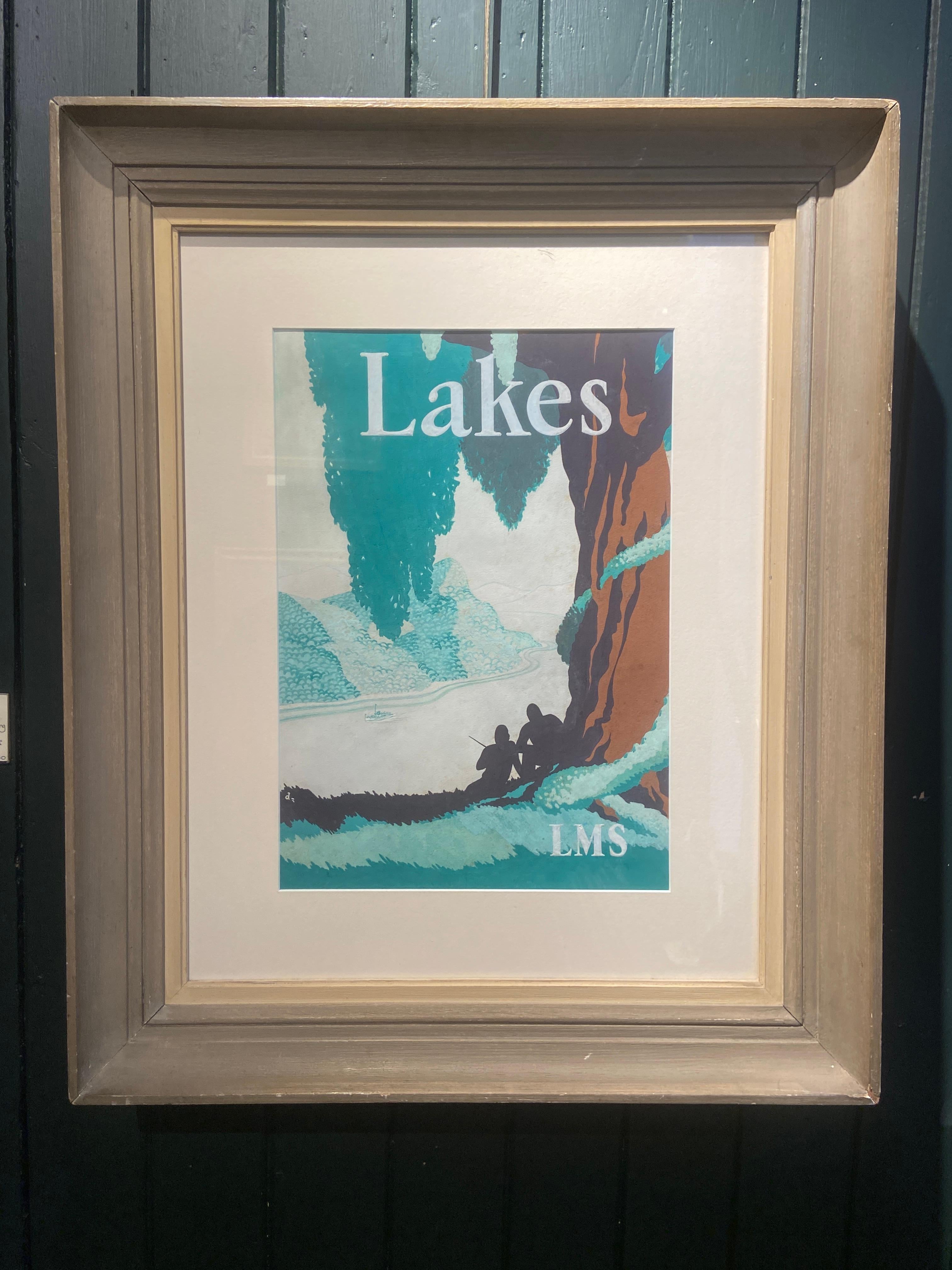 Lakes, English School 20th Century Art-Deco Gouache - Blue Landscape Art by Unknown