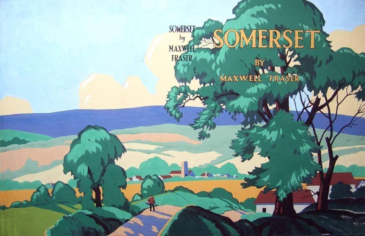 Leonard Cusden Landscape Art – Somerset von Maxwell Fraser (Originalgemälde für das Buchcover), Britisches Art-déco